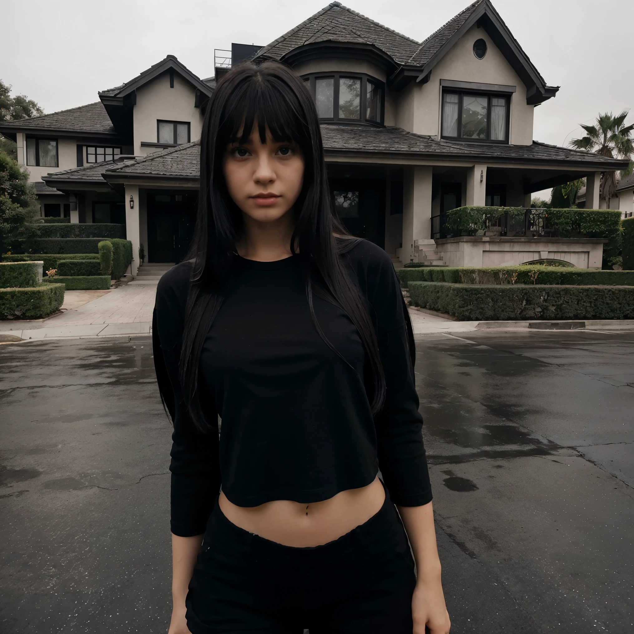 kid girl with Black long hair with bangs wearing a black turtleneck and black skirt and black pantyhosea white modern mansion in the background on a day of dense fog