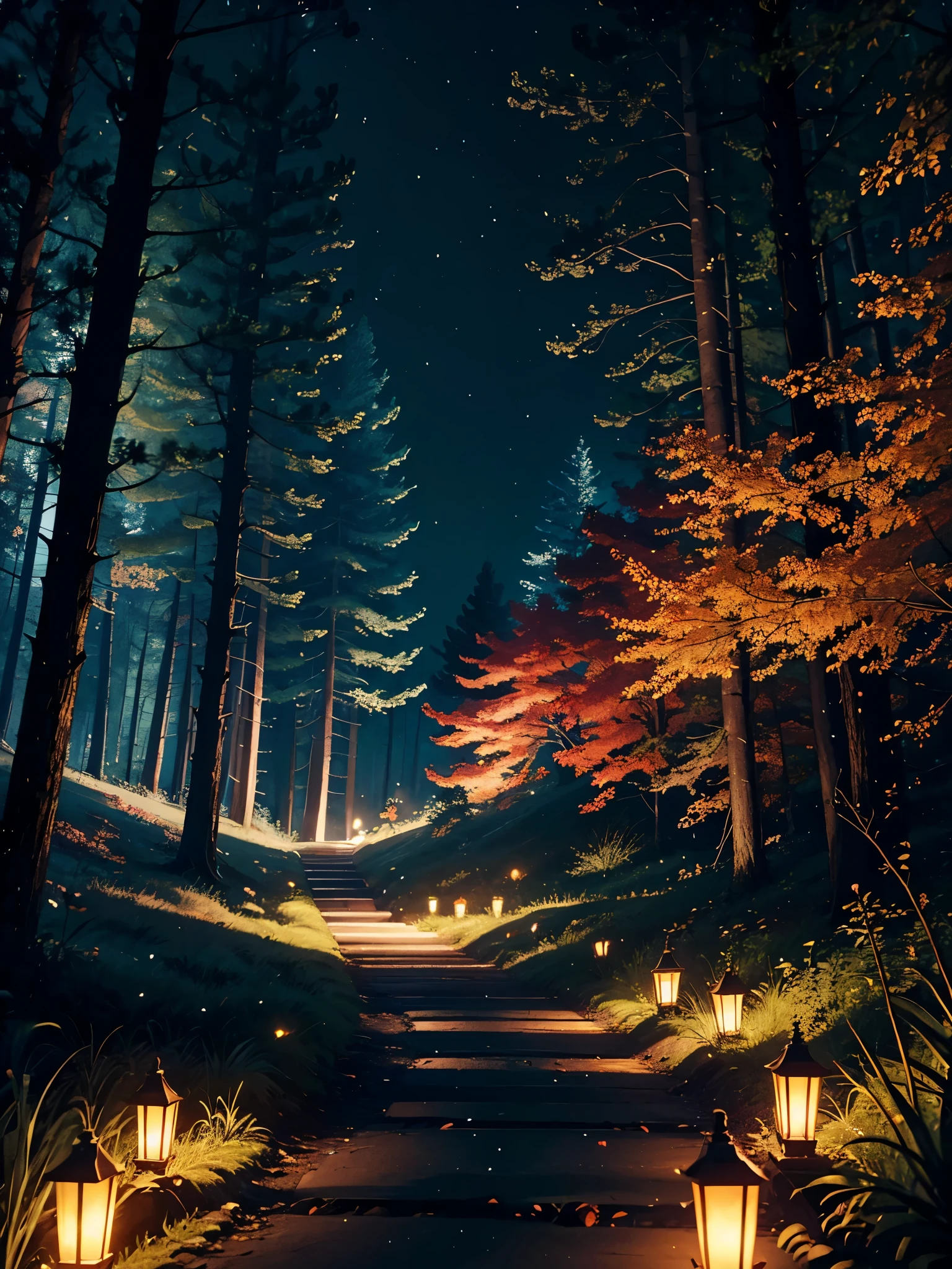 a path in the middle of a dark forest, long trees with tall crowns, bushes with hidden red eyes, (((the forest is very dark, with little visibility))), floating lanterns with little or almost no light, fireflies illuminate the path , some cherry blossoms, Lycoris Radiata, {extremely detailed 16k CG unit wallpaper}, expansive landscape photography, (a low view with focus on the scenery), (wide open field view), (angled shot low), (high light: 1.0), (low light: 1.7), (warm light source: 1.0), complex details, (iridescent colors: 1.0), (bright lighting), (atmospheric lighting)