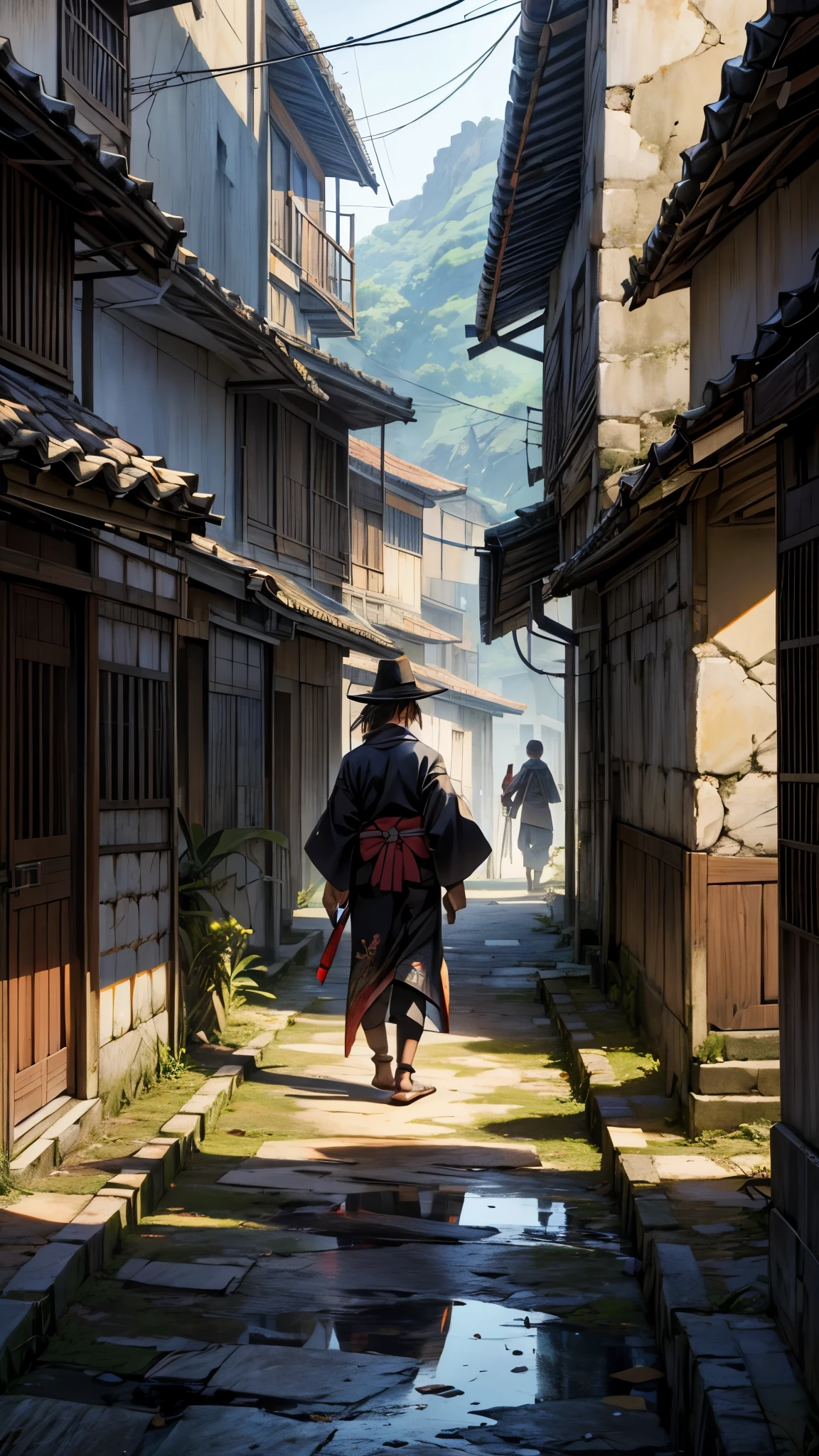batalha de feiticeiros, feiticeiros de kimono e aldeia, villagers in the background, destroyed scenery, broken floor, feiticeiro fumando cigarro, highlights, luz de pino, sorriso grande, anime