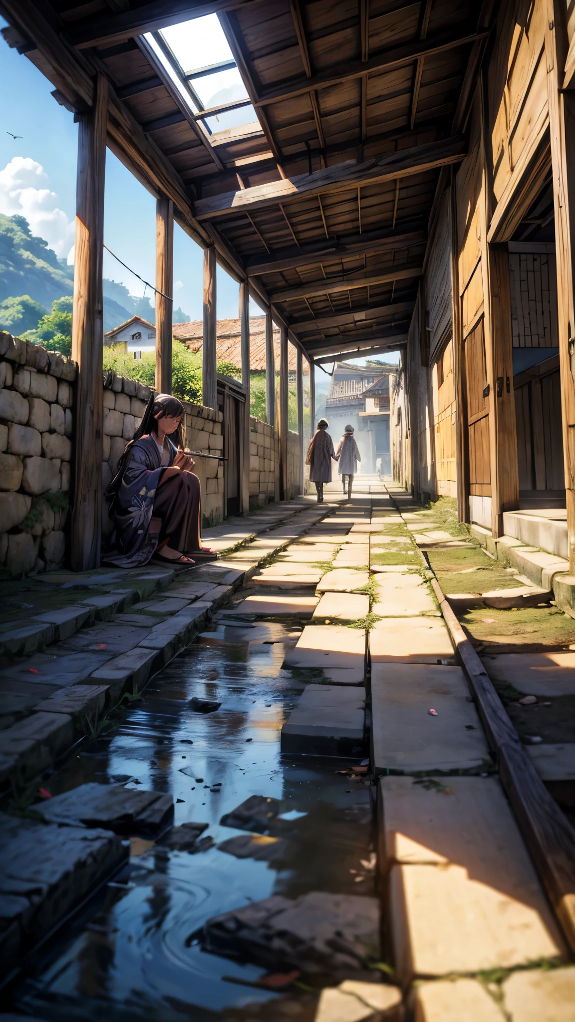 batalha de feiticeiros, feiticeiros de kimono e aldeia, villagers in the background, destroyed scenery, broken floor, feiticeiro fumando cigarro, highlights, luz de pino, sorriso grande, anime