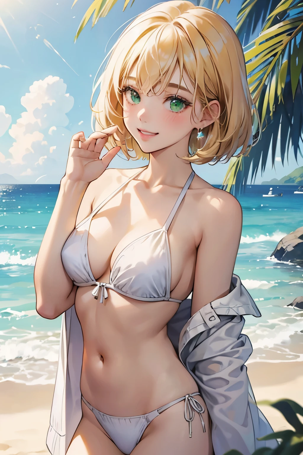 (1 girl), masterpiece, best quality, ultra-detailed, beautiful lighting, blonde hair, (green eyes:1.3), white bikini, standing up, in beach, beautiful scenery, blushing, smiling, (cute smile:1,1), (glossy lips:1.1), (beautiful eyes:1.1), wonderful background, closed mouth, short hair, voluptuous, shy, bob hair, bangs