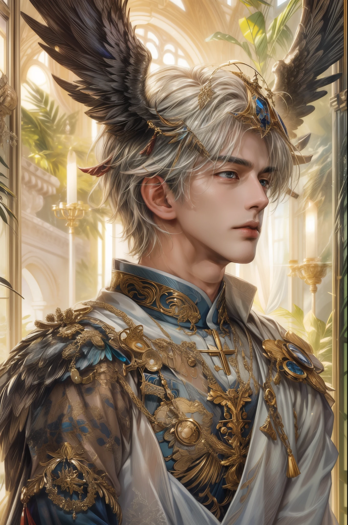 (absurdres, highres, ultra detailed, HDR), masterpiece, best quality, half body portrait of a Valkyrie Anatomia character, kokuyo, arbiter hrist, handsome young boy, short hair, korean handsome face, big anime eyes, detailed scenery of a gnostic mansion interiors, gnostic sky on window, gnostic candelabra, detailed character