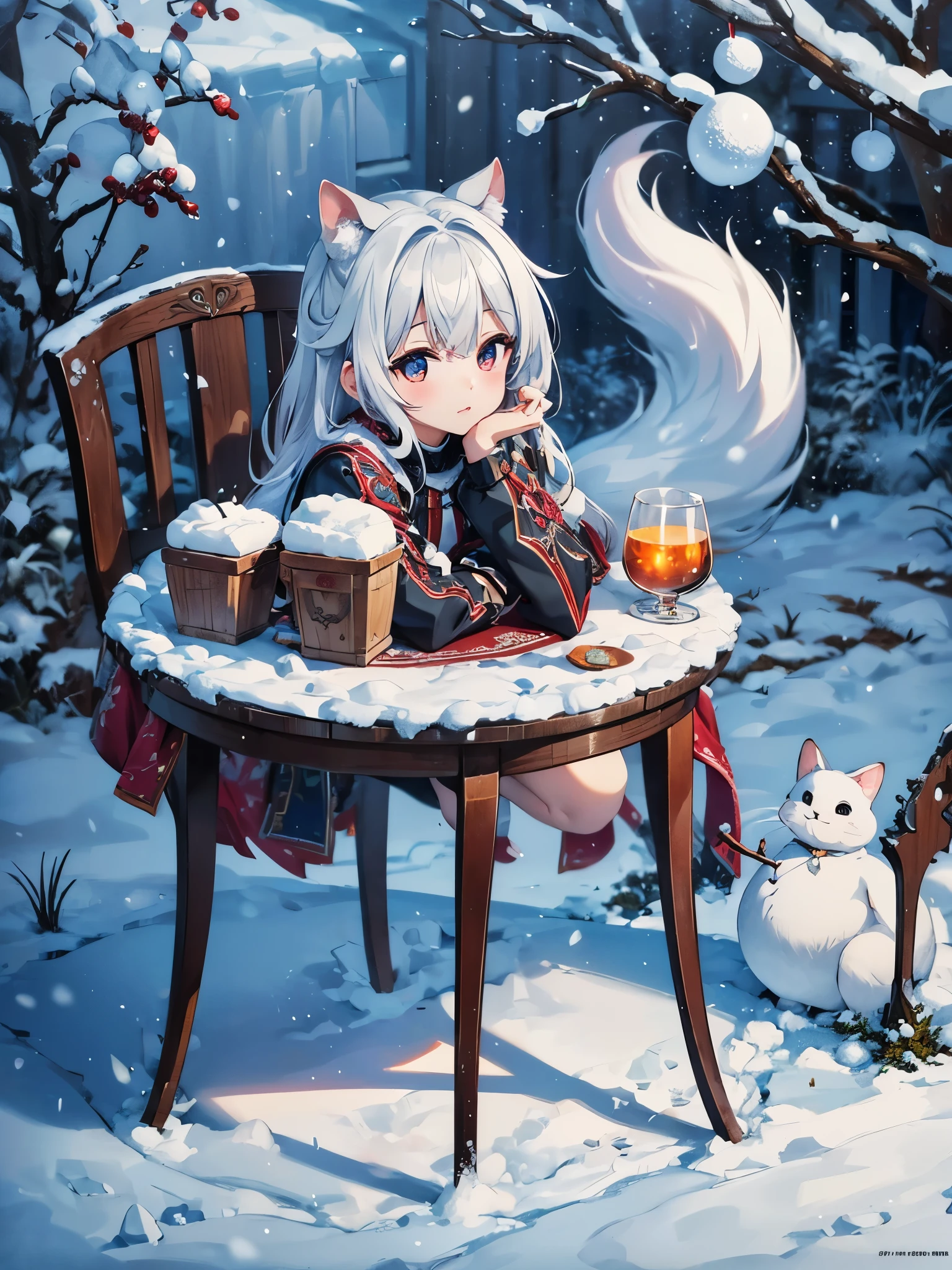 (snow art, snow theme:1.4), winter, big squirrel, dreamy fantasy art, chibi character girl、rococo art style, burgundy color, plum, where, (Best configuration), ultra wide angle, octane rendering, Strengthen, Complex, (highest quality, table top, master piece, official art, Professional, unity 8k wallpaper:1.3)
