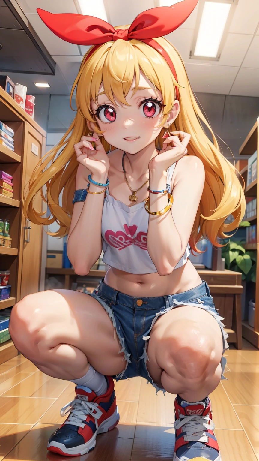 , (nsfw), ((beautiful)), ((masterpiece)), ((best quality)), (extremely detailed face), perfect lighting, highres, 8k, wallpaper, backlit, (absurdres), (ultra detailed, 8K, ultra highres:1.2), BREAK,(RED Ribbon on HAIRband:1.2),smile,navel,groin,denim shorts,loose clothes,shirt pull,shorts pull,A fashionable female ,dressed in a casual yet stylish outfit,browsed the racks of clothes at the department store. She hummed a tune to herself as she examined the various accessories and small items on display. Her outfit consisted of a pair of ripped denim shorts paired with a loose, camisole and a pair of sneakers. She accessorized with a small, silver bracelet on her wrist. As she shopped, the girl couldn't help but be drawn to the various colorful and glittering items in the store. She picked up a pair of cute, heart-shaped earrings and a matching necklace,admiring them in the bright, fluorescent lighting,Ichigo Hoshimiya (Aikatsu!),from below,squatting,groin_focus,