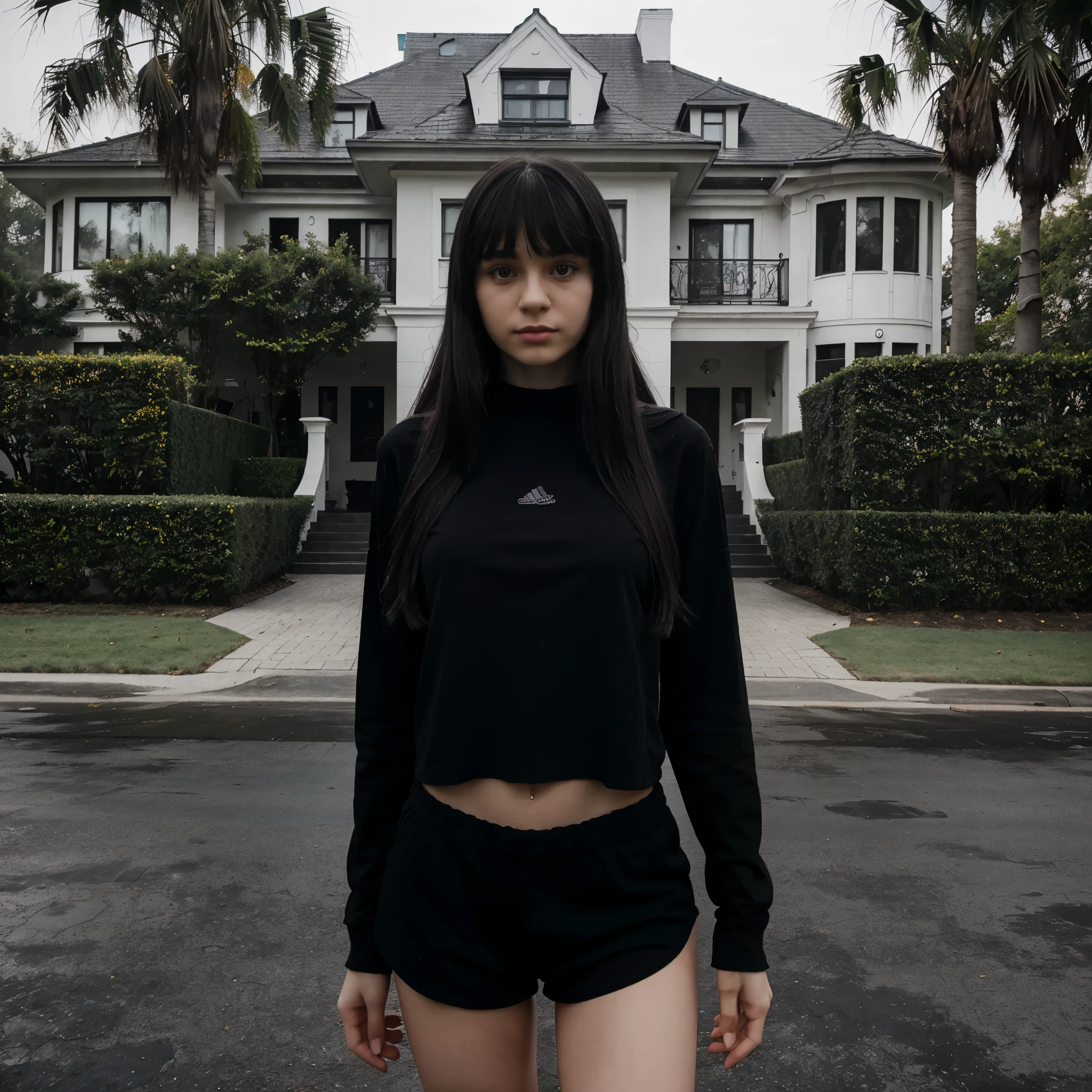 teen russian girl with black long hair with bangs wearing a black shirt, black shorts with a big modern mansion in a neighborhood in Bel-Air background on a foggy day 