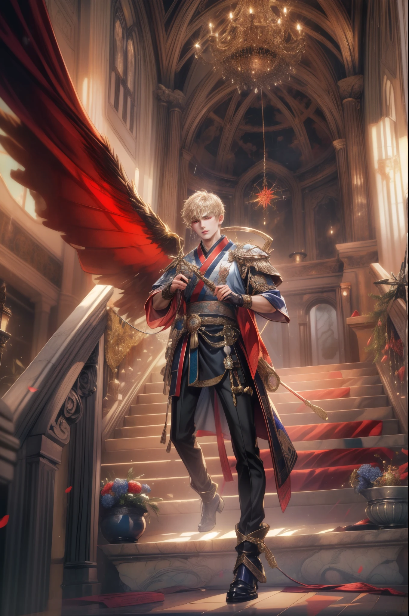 (absurdres, highres, ultra detailed, HDR), masterpiece, best quality, close-up picture of a Valkyrie Anatomia character, kokuyo, arbiter hrist, handsome young boy, short hair, korean handsome face, big anime eyes, red eyes, detailed scenery of a gnostic mansion interiors, detailed character