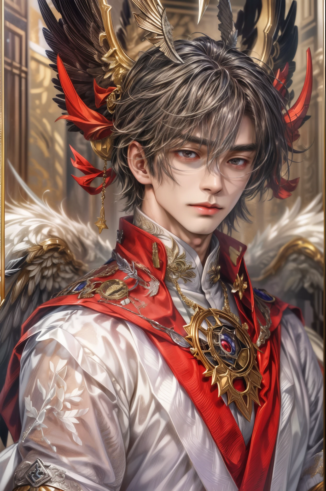 (absurdres, highres, ultra detailed, HDR), masterpiece, best quality, close-up picture of a Valkyrie Anatomia character, kokuyo, arbiter hrist, handsome young boy, short hair, korean handsome face, big anime eyes, red eyes, detailed scenery of a gnostic mansion interiors, detailed character