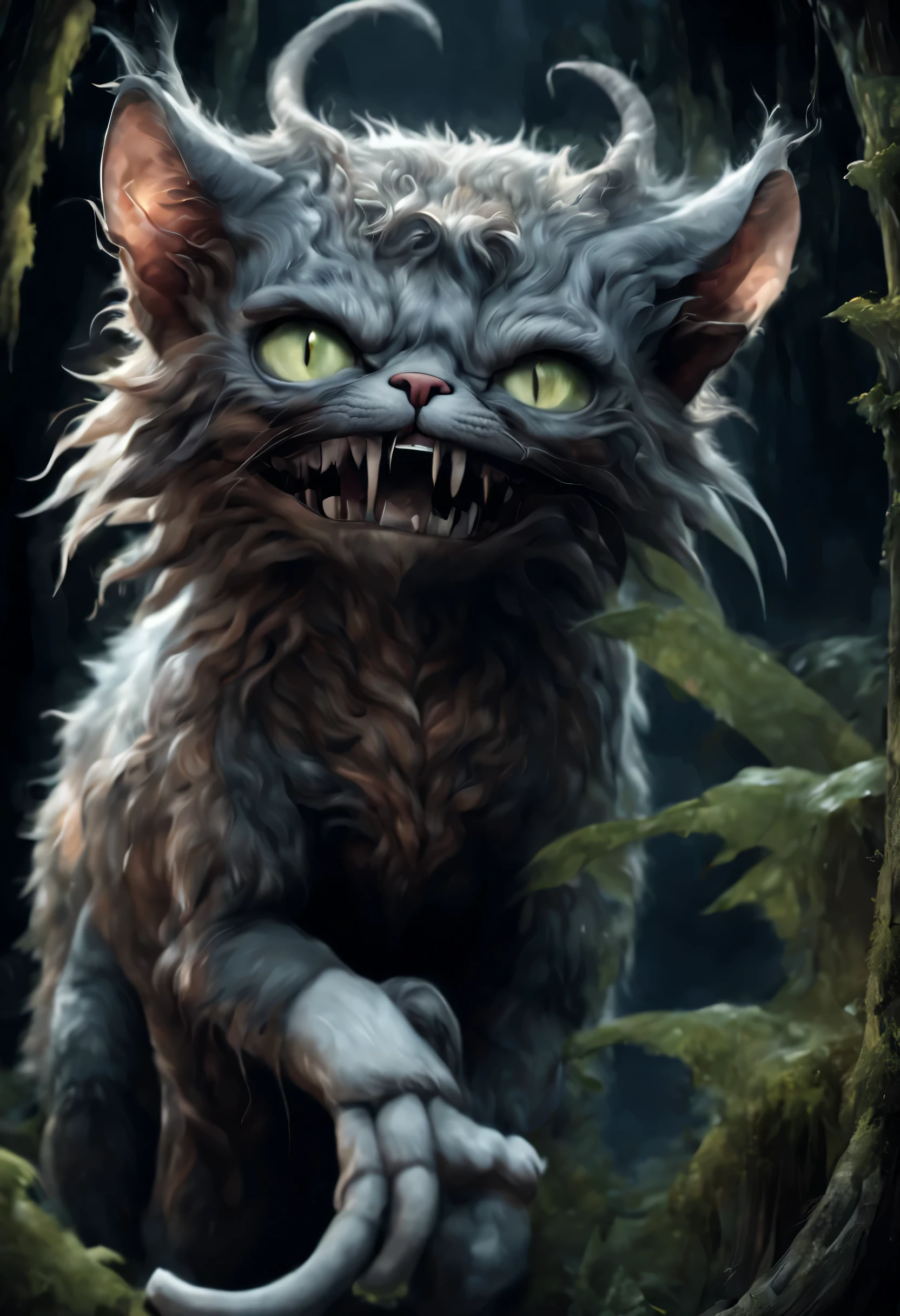 A big cat stood in the dark forest..., conjunctivitis, disgusting mutant flesh creature, scary, disgusting, Highly detailed, There are complicated details.., Portrait of a cat, Very high detail, Realistic photos, 8k, UHD, very detailed, (dynamic poses:1.4),