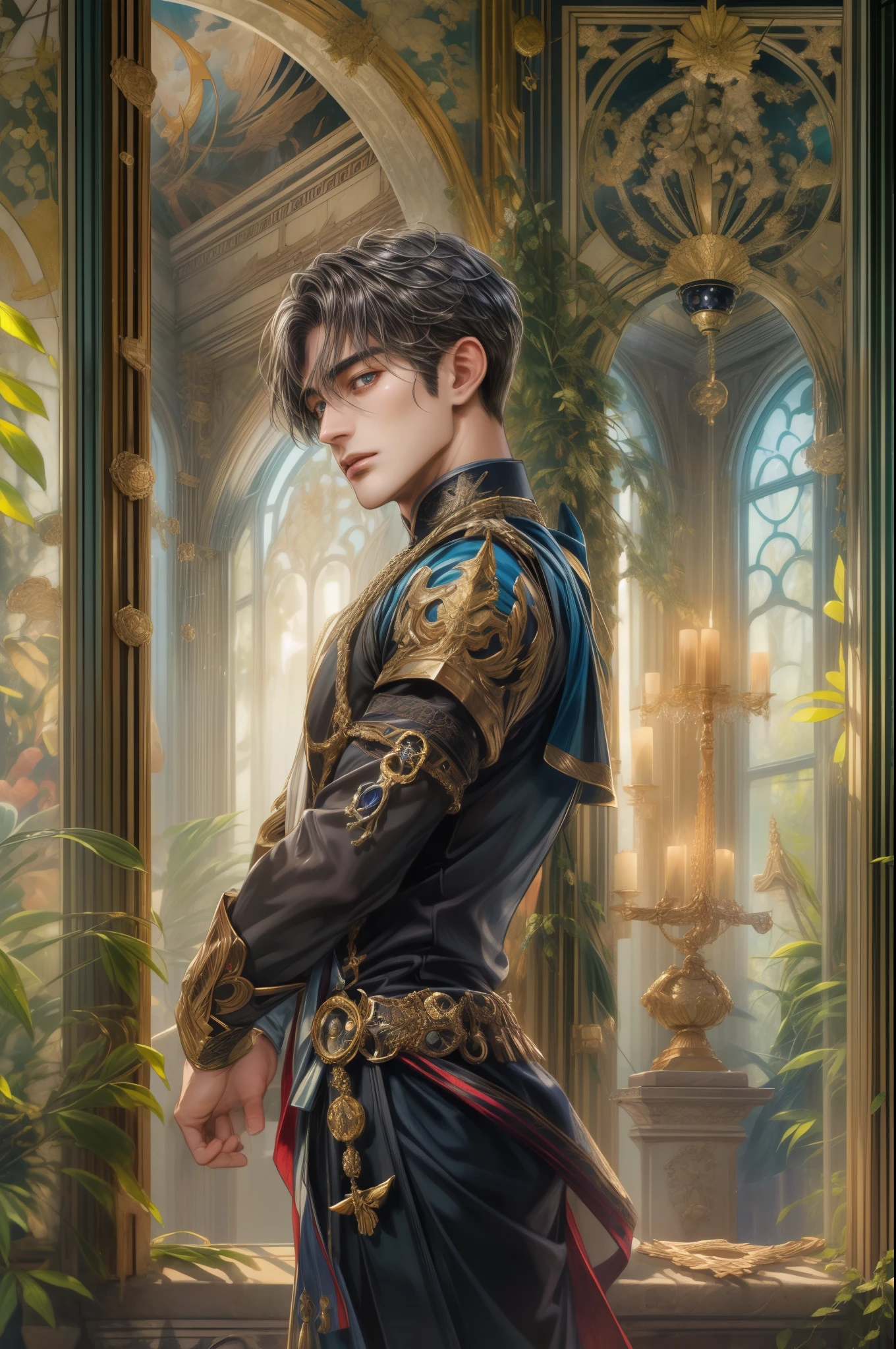 (absurdres, highres, ultra detailed, HDR), masterpiece, best quality, half body portrait of a Valkyrie Anatomia character, kokuyo, arbiter hrist, handsome young boy, short hair, korean handsome face, big anime eyes, detailed scenery of a gnostic mansion interiors, gnostic sky on window, gnostic candelabra, detailed character