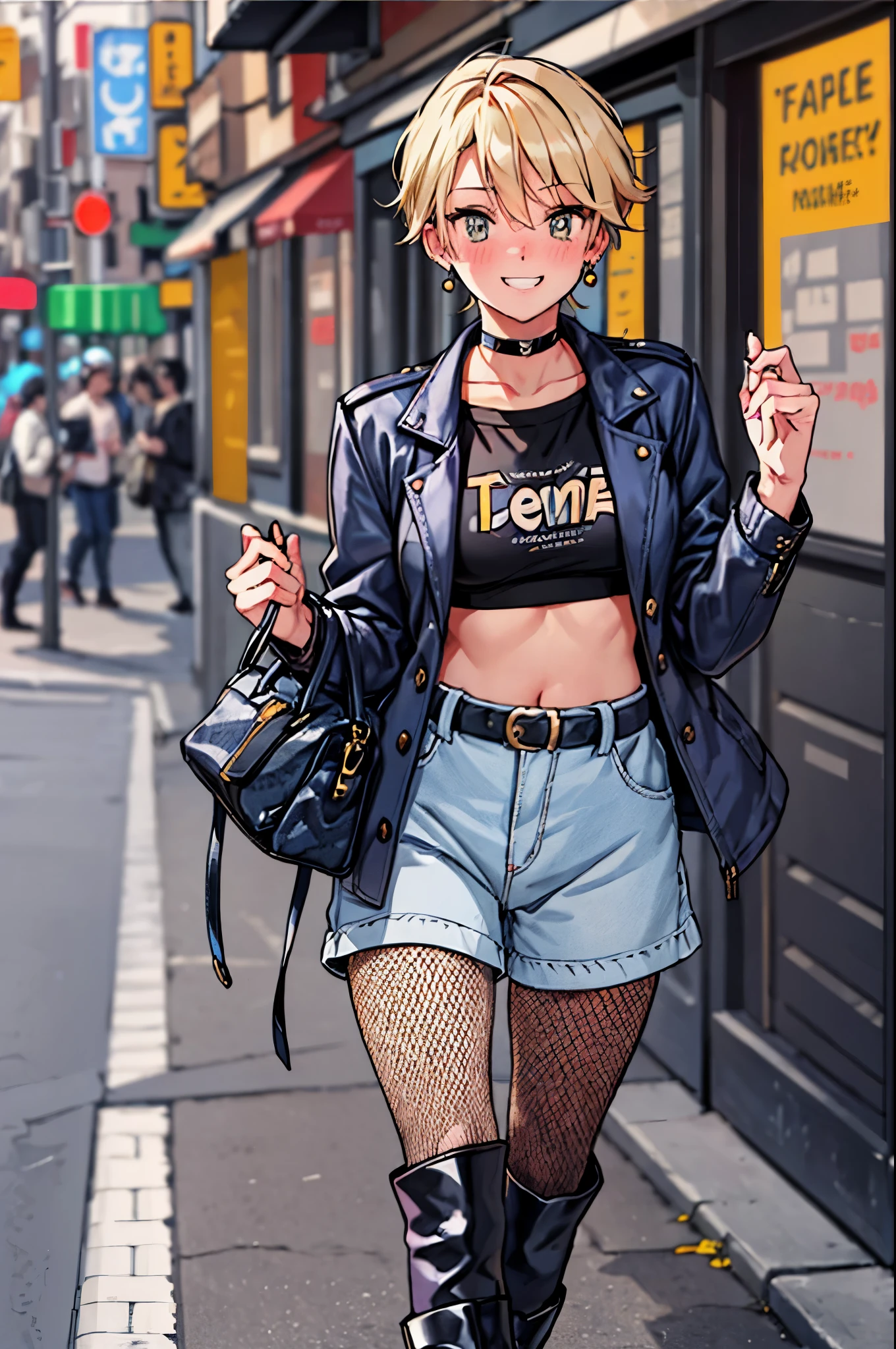 "best quality,ultra-detailed,((background:outside the park1,8)),(one boy),(full body),portraits,((sissy boy,tomboy,FemBoy,trap1,8)),bulge1,8,(natural makeup),black choker,necklace,earrings,(short blonde hair),boy's face,boys body,((nose-blush)),((grin)),((street-casual-style)),(Parker),(fishnet-pantyhose),(engineer-boots),(he’s having shoulder bags),vibrant colors,soft lighting"