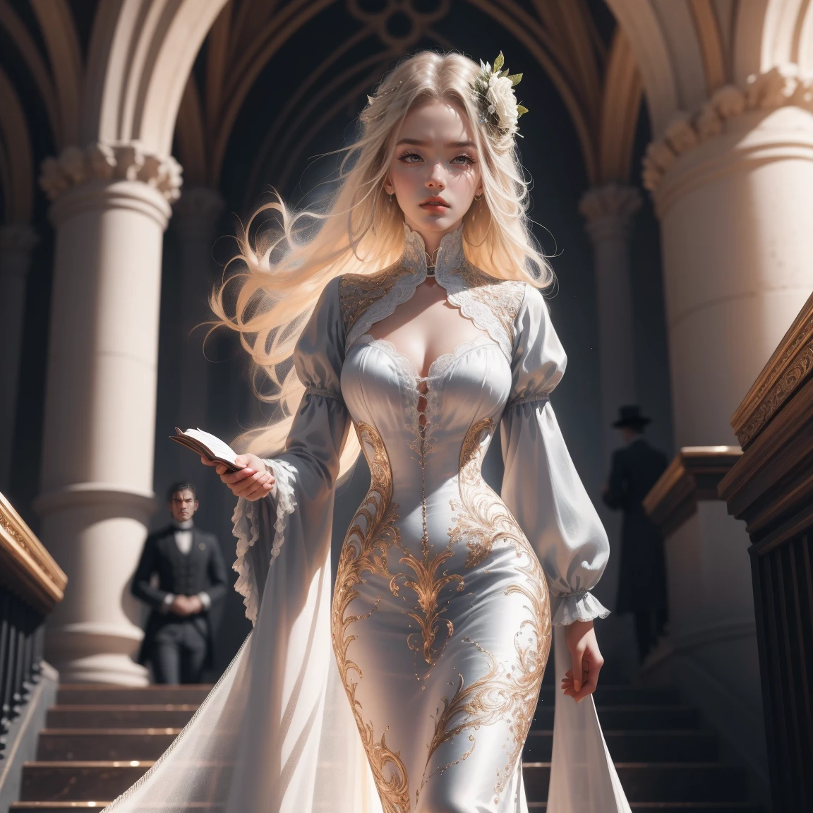 { -  error}(Masterpiece - Ultra-detailed, very high resolution) Prepare to be enchanted by a true masterpiece that combines ultra-detailed art with high-resolution rendering. This work depicts a mesmerizing woman with very long blond hair (1.3) and captivating gray eyes (1.2), emanating an aura of elegance and mystery in Victorian settings. The intricate details and realistic textures invite you to explore every aspect of this enchanting composition. Woman wearing beautiful classic Victorian costume from the year 1878. Red lips. Happy face. Smiling. white (white) dress. Walking, backwards, looking back, dynamic poses. Get ready to dive into a world where beauty and craftsmanship merge perfectly.