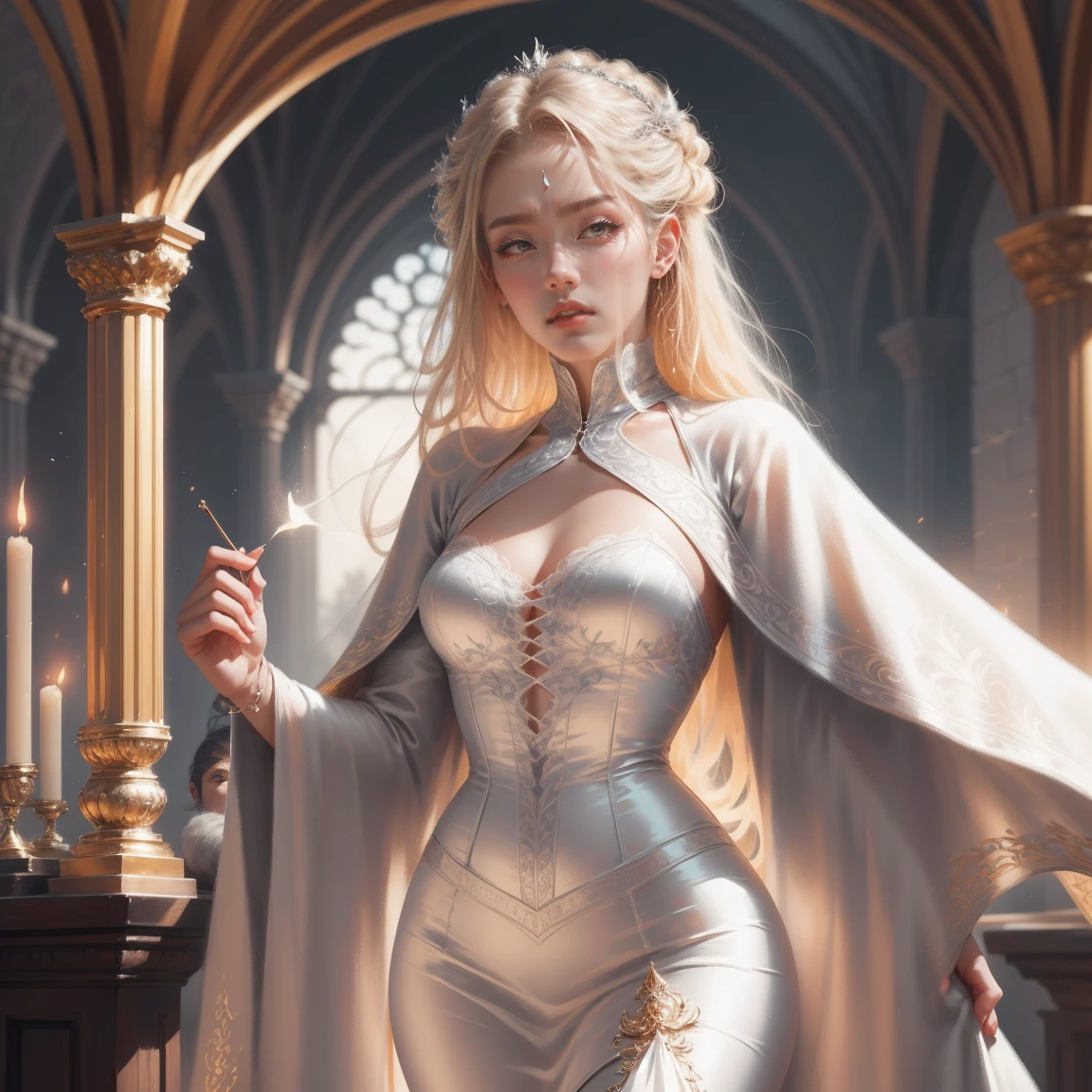 { - anatomy error}(Masterpiece - Ultra-detailed, very high resolution) Prepare to be enchanted by a true masterpiece that combines ultra-detailed art with high-resolution rendering. This work depicts a mesmerizing woman with very long blond hair (1.3) and captivating gray eyes (1.2), emanating an aura of elegance and mystery in Victorian settings. The intricate details and realistic textures invite you to explore every aspect of this enchanting composition. Woman wearing beautiful classic Victorian costume from the year 1878. Red lips. Happy face. Smiling. white (white) dress. Walking, backwards, looking back, dynamic poses. Get ready to dive into a world where beauty and craftsmanship merge perfectly.