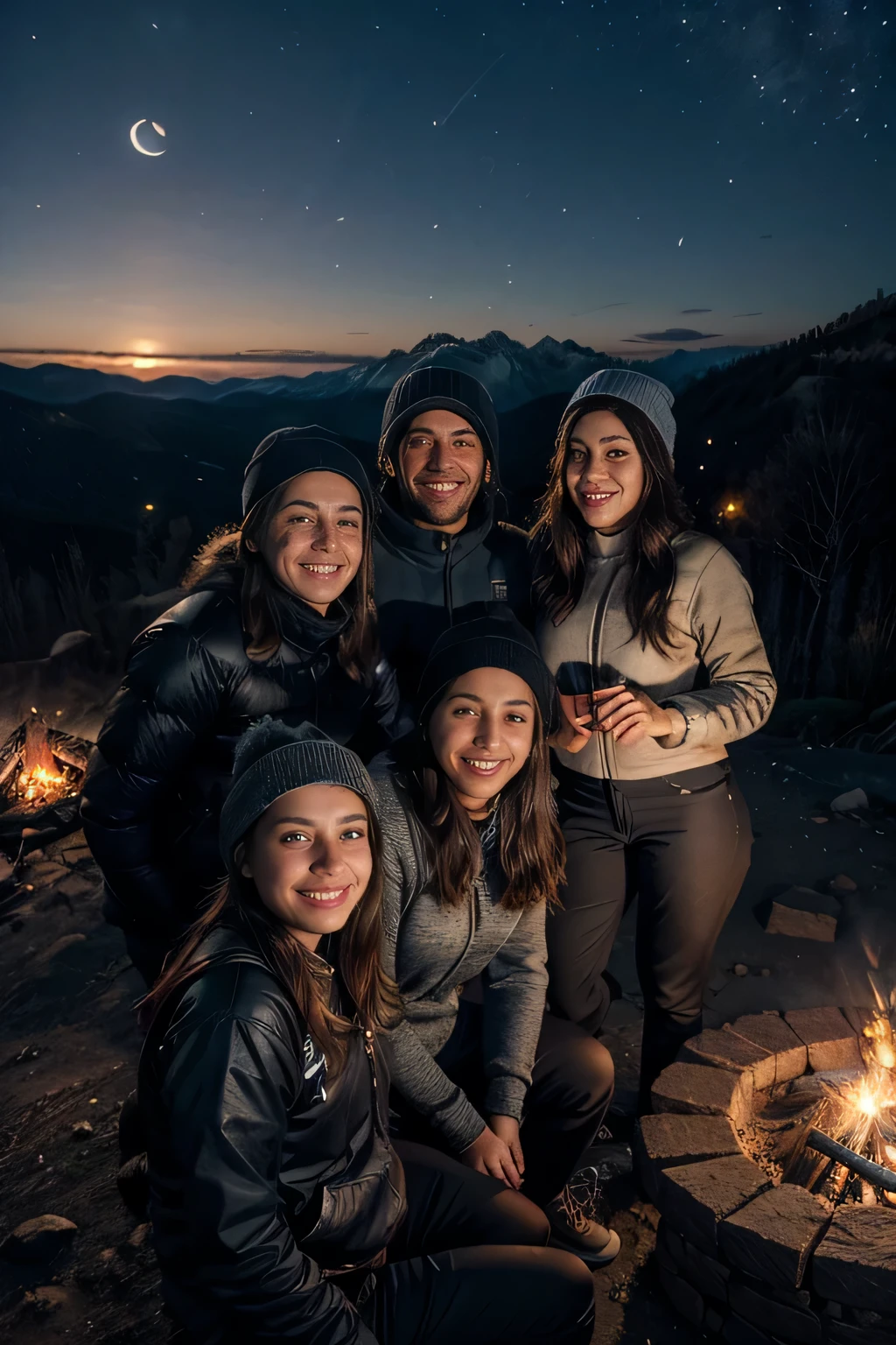 selfie de mujer, joven con gorro tejido en las mountains, vistiendo jersey gris, Mountain Clothing, Cold, tight mountain pants, Revealing pants in the style of mountain views, accompanied by 3 young people, selfie con los amigos, selfie grupo de amigos, usie con amigos, group of young people around a campfire, grupo de personas, al aire libre, (Noche), mountains, Naturaleza, (estrellas, luna), dynamic, elegant, Caras emotivas, viajar, rasgos faciales claros, lente de 35 mm, Decorative lighting, global illumination, night photography, fogata, campfire lighting