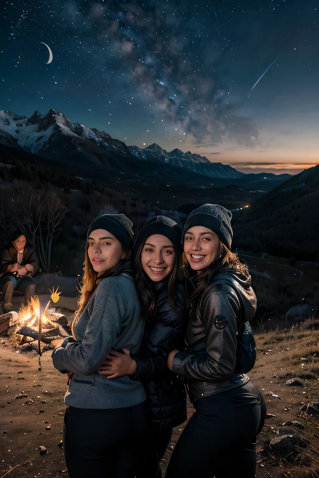 selfie de mujer, joven con gorro tejido en las mountains, vistiendo jersey gris, Mountain Clothing, Cold, tight mountain pants, Revealing pants in the style of mountain views, accompanied by 3 young people, selfie con los amigos, selfie grupo de amigos, usie con amigos, group of young people around a campfire, grupo de personas, al aire libre, (Noche), mountains, Naturaleza, (estrellas, luna), dynamic, elegant, Caras emotivas, viajar, rasgos faciales claros, lente de 35 mm, Decorative lighting, global illumination, night photography, fogata, campfire lighting