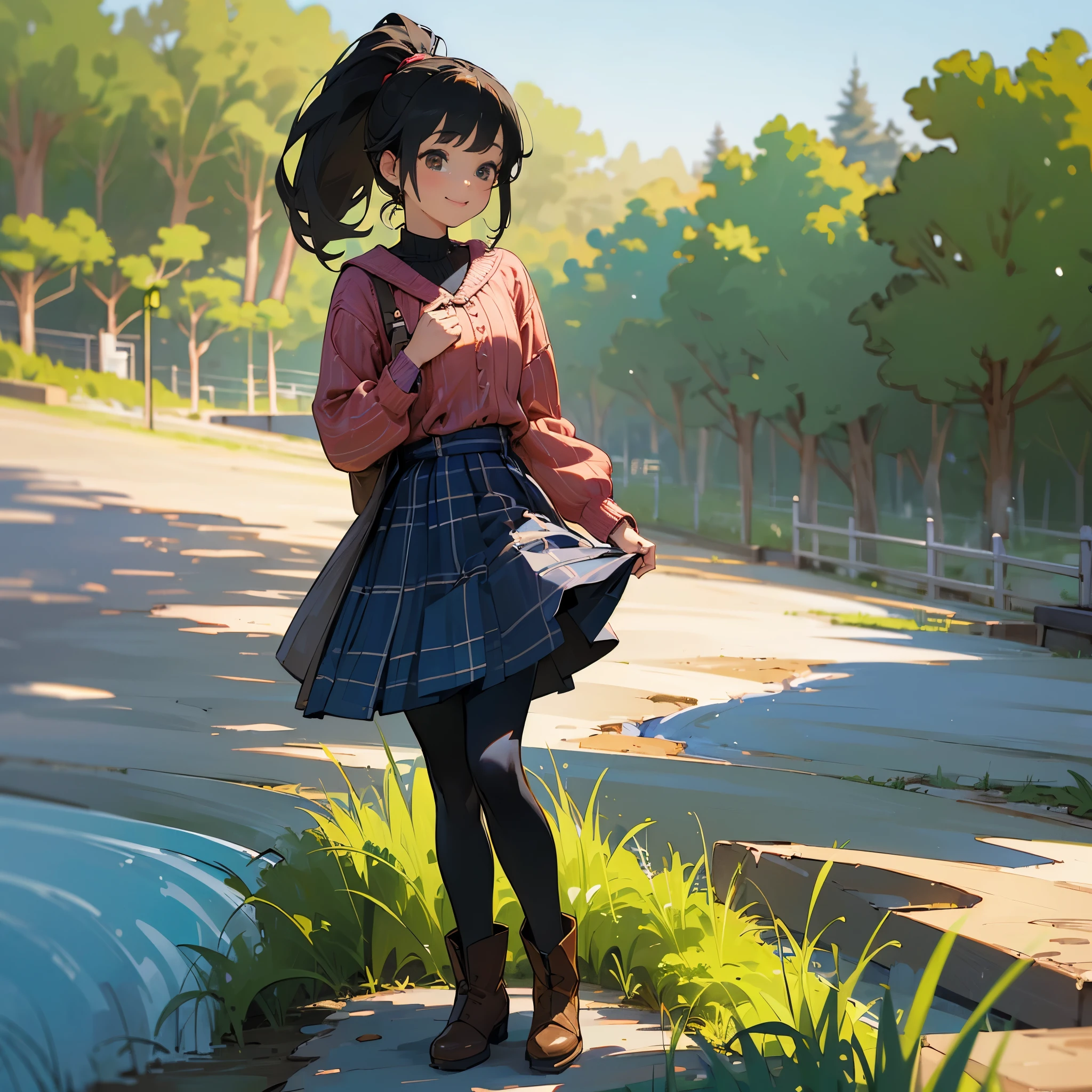 (high quality, high resolution, Super detailed, Reality:1.37), peaceful atmosphere, (outdoor, garden), girl standing alone, (big chest.), beautiful detailed features, cute smile, (black hair ponytail), ribbed sweater, blue plaid skirt, black tights, brown boots.