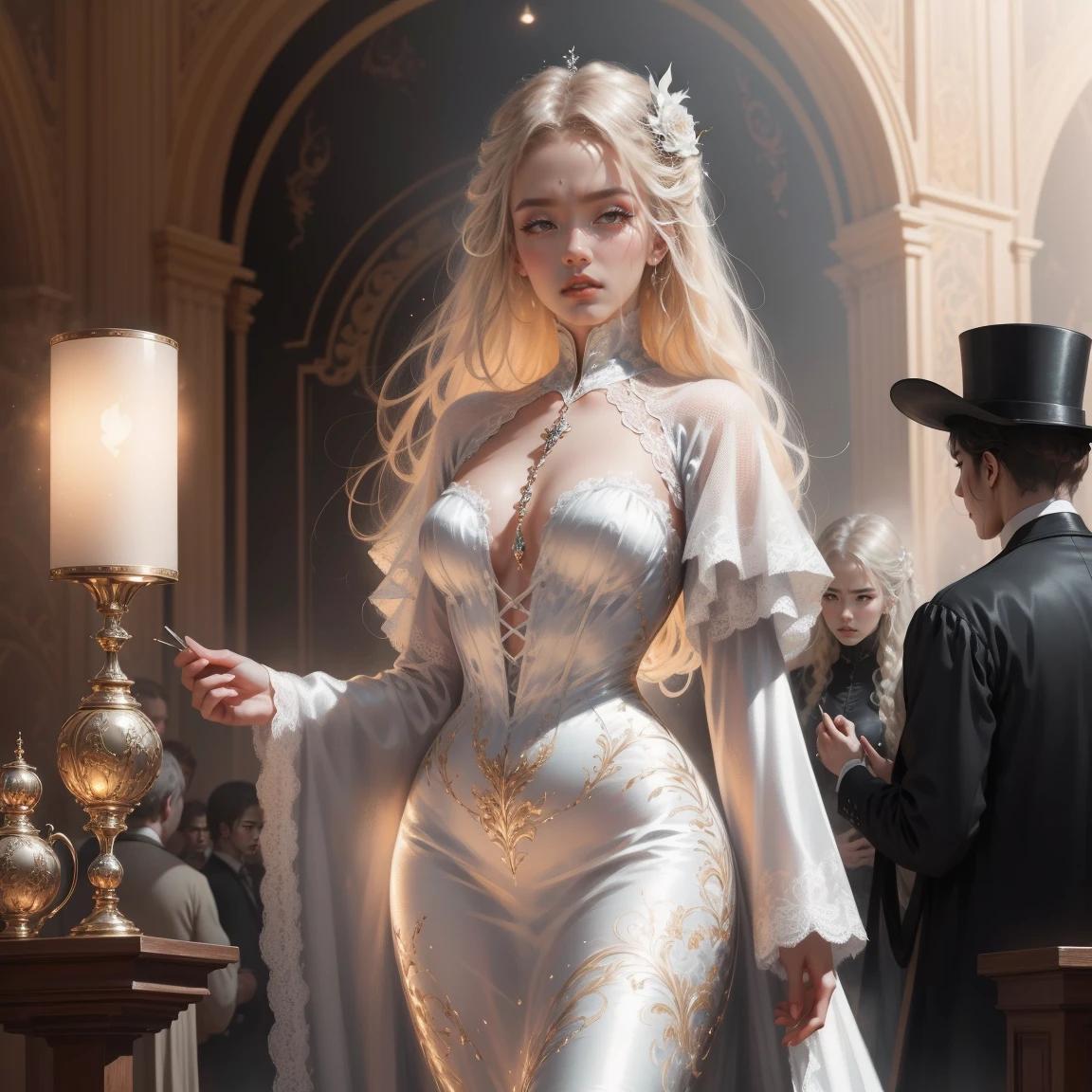 { - anatomy error}(Masterpiece - Ultra-detailed, very high resolution) Prepare to be enchanted by a true masterpiece that combines ultra-detailed art with high-resolution rendering. This work depicts a mesmerizing woman with very long blond hair (1.3) and captivating gray eyes (1.2), emanating an aura of elegance and mystery in Victorian settings. The intricate details and realistic textures invite you to explore every aspect of this enchanting composition. Woman wearing beautiful classic Victorian costume from the year 1878. Red lips. Happy face. Smiling. white (white) dress. Walking, backwards, looking back, dynamic poses. Get ready to dive into a world where beauty and craftsmanship merge perfectly.