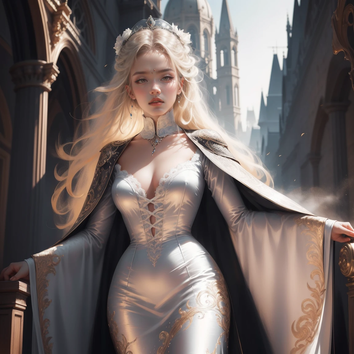{ - anatomy error}(Masterpiece - Ultra-detailed, very high resolution) Prepare to be enchanted by a true masterpiece that combines ultra-detailed art with high-resolution rendering. This work depicts a mesmerizing woman with very long blond hair (1.3) and captivating gray eyes (1.2), emanating an aura of elegance and mystery in Victorian settings. The intricate details and realistic textures invite you to explore every aspect of this enchanting composition. Woman wearing beautiful classic Victorian costume from the year 1878. Red lips. Happy face. Smiling. white (white) dress. Walking, backwards, looking back, dynamic poses. Get ready to dive into a world where beauty and craftsmanship merge perfectly.