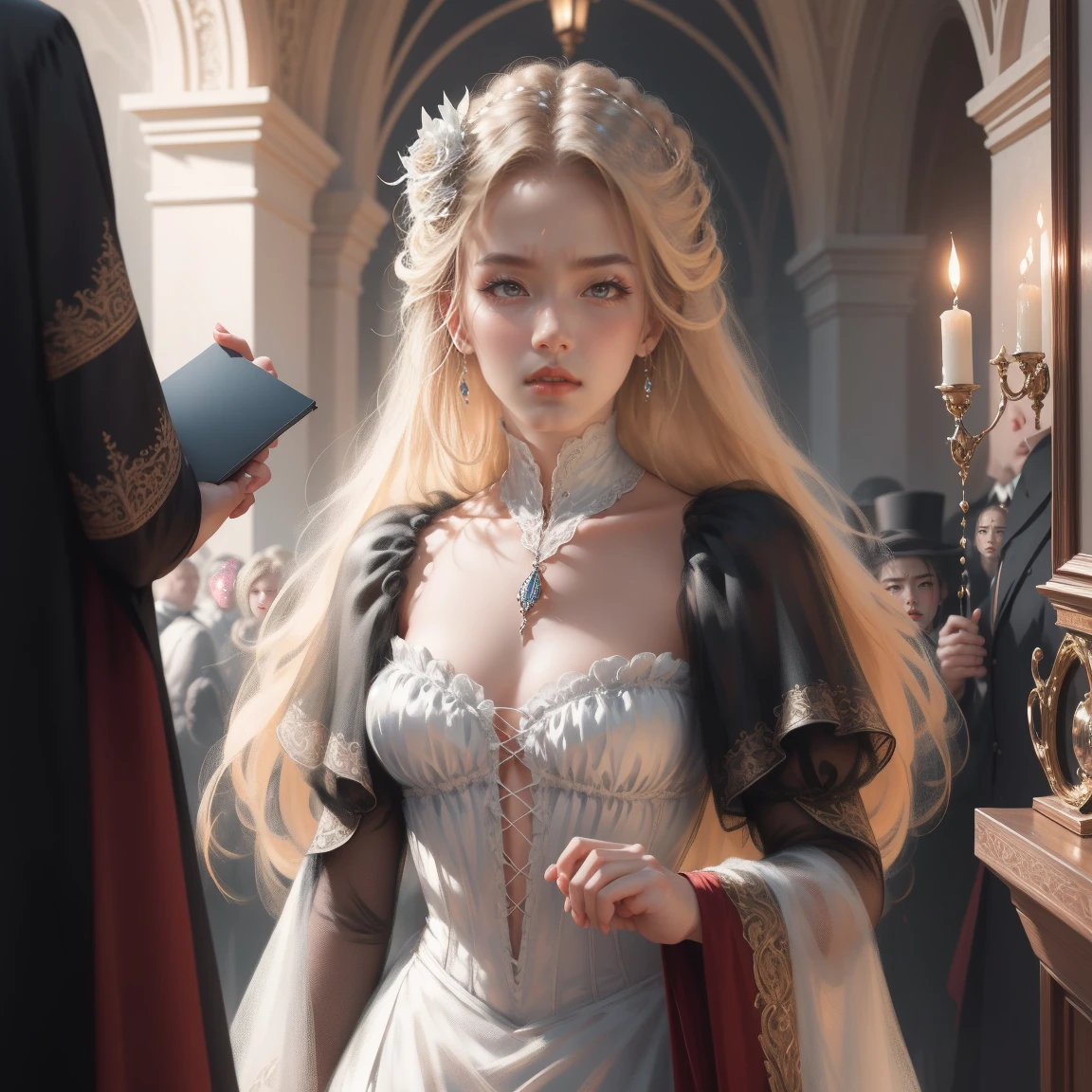 (Masterpiece - Ultra-detailed, very high resolution) Prepare to be enchanted by a true masterpiece that combines ultra-detailed art with high-resolution rendering. This work depicts a mesmerizing woman with very long blond hair (1.3) and captivating light blue eyes (1.2), emanating an aura of elegance and mystery in Victorian settings. The intricate details and realistic textures invite you to explore every aspect of this enchanting composition. Woman wearing beautiful classic Victorian costume from the year 1878. Red lips. Happy face. Smiling. (white dress). walking, upper body, dynamic poses. Get ready to dive into a world where beauty and craftsmanship merge perfectly. kissing a man.