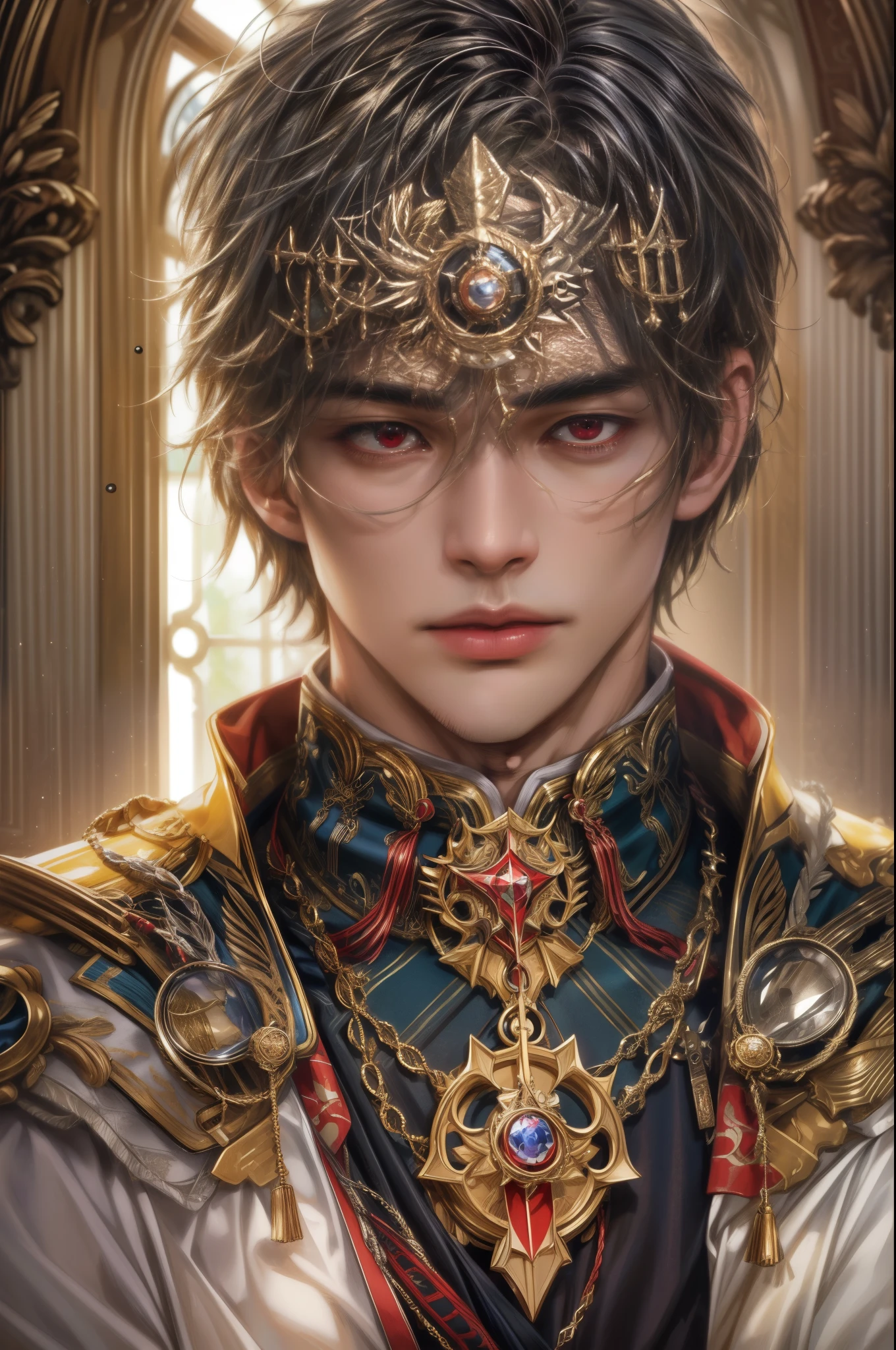 (absurdres, highres, ultra detailed, HDR), masterpiece, best quality, close-up picture of a Valkyrie Anatomia character, kokuyo, arbiter hrist, handsome young boy, short hair, korean handsome face, big eyes, red eyes, detailed scenery of a gnostic mansion interiors, detailed character