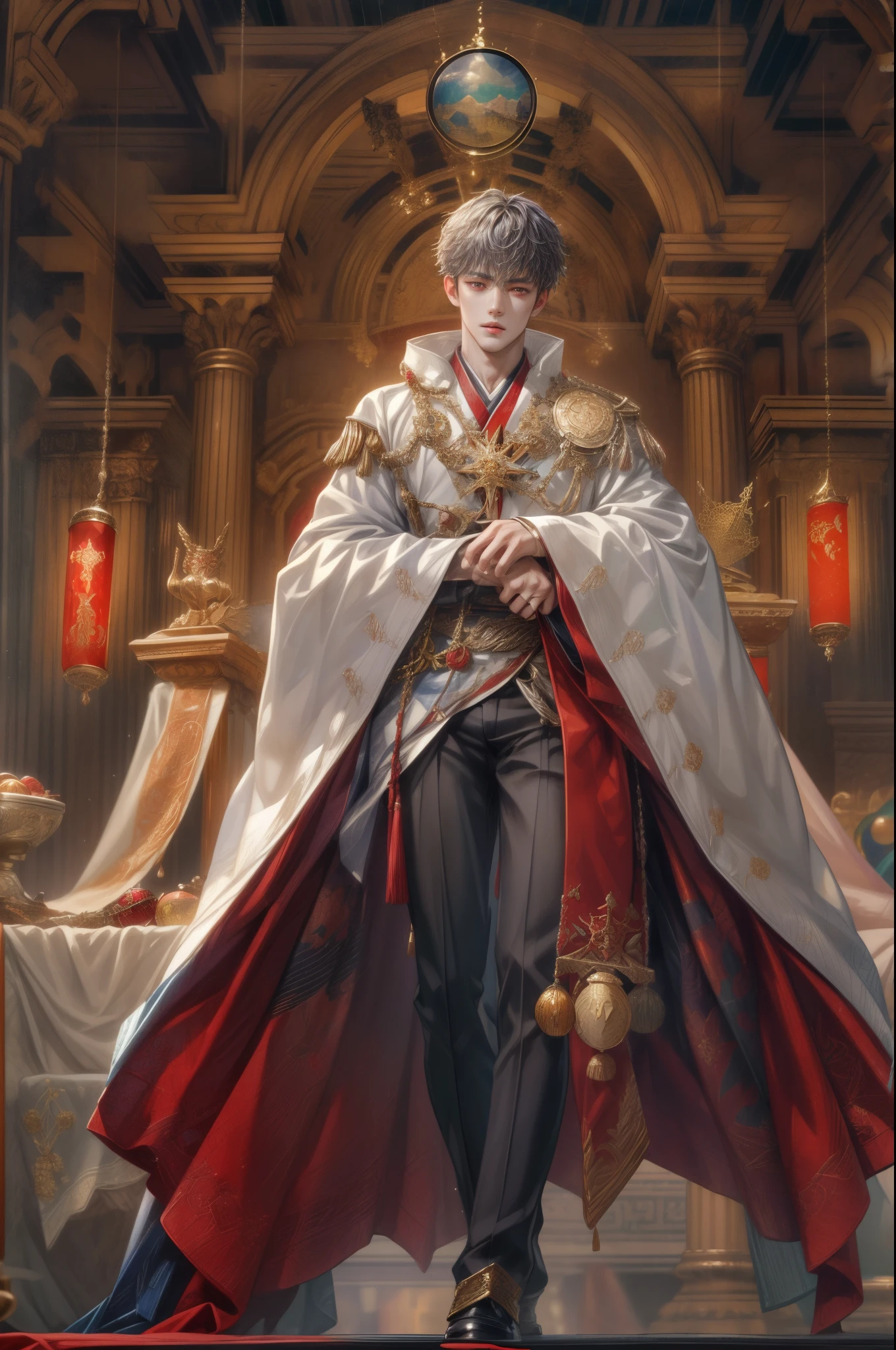 (absurdres, highres, ultra detailed, HDR), masterpiece, best quality, close-up picture of a Valkyrie Anatomia character, kokuyo, arbiter hrist, handsome young boy, short hair, korean handsome face, big eyes, red eyes, detailed scenery of a gnostic mansion interiors, detailed character