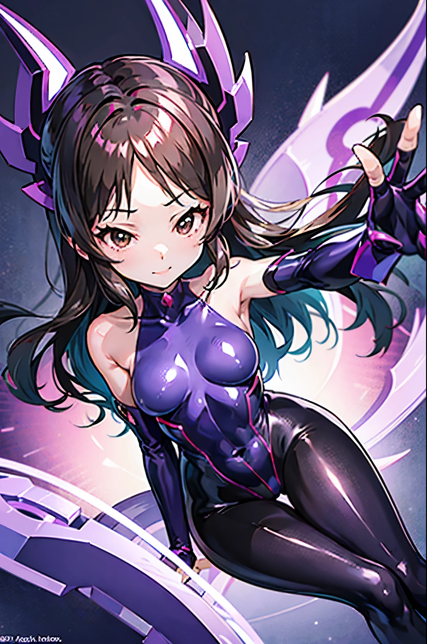 draw the face carefully　Anime style high quality face　super shiny skin　Black and purple leotard　Pink pantyhose　succubus　lure　smile　backwards