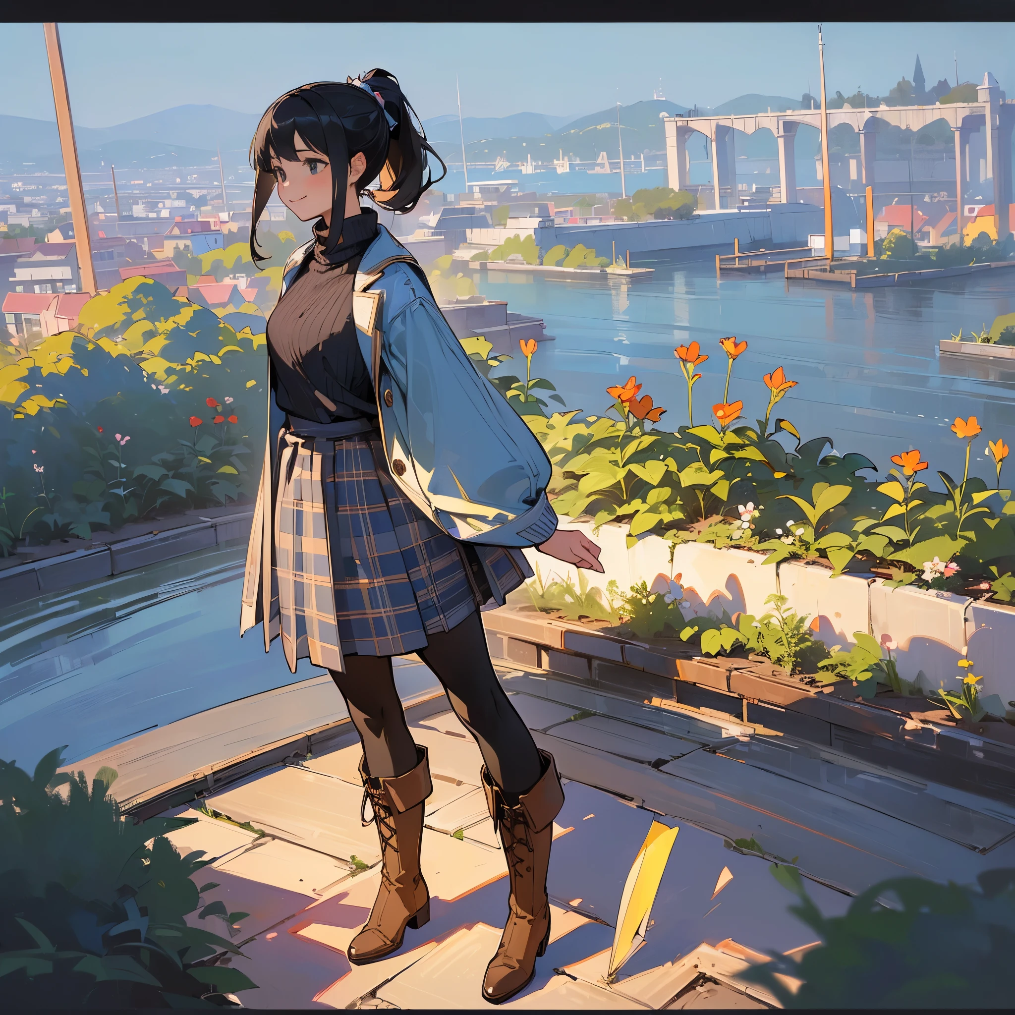 (high quality, high resolution, Super detailed, Reality:1.37), peaceful atmosphere, (outdoor, garden), age girl standing alone, (big chest.), beautiful detailed features, cute smile, (black hair ponytail), ribbed sweater, blue plaid skirt, black tights, brown boots.