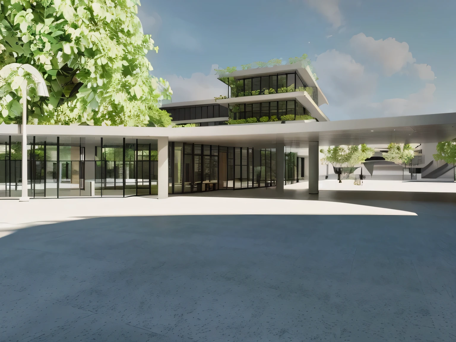 rendering of a modern building with a large courtyard and trees, architectural rendering, architectural rendering, View at ground level, View at ground level, architectural visualization, digital renderinging, View at ground level, intermediate vision, foto externa, architectural renderinging, architectural 3D rendering, from street level, detail rendering, digital rendering, view from ground level, Sharp HQ rendering