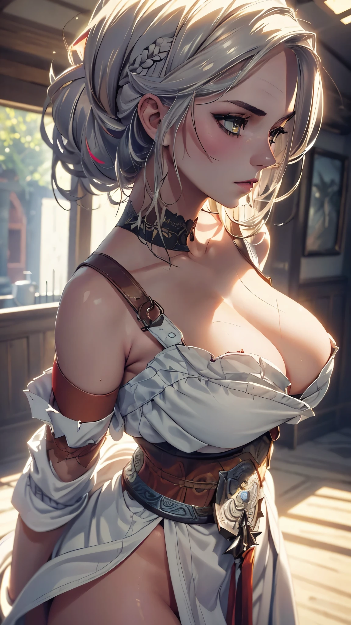 (beautiful 19-year-old girl(Ciri from The wicher 3)),(model figure),(big breasts),(short haircut,long braid down the back),(White hair),(wearing white kimono, heavily torn in some places),(fighting stance),(a gang),(tattoos)。(best quality,4k,8k,highres,masterpiece:1.2),ultra-detailed,(realistic,photorealistic,photo-realistic:1.37),HDR,UHD,studio lighting,ultra-fine painting,sharp focus,physically-based rendering,extreme detail description,professional,vivid colors,bokeh,concept artists。