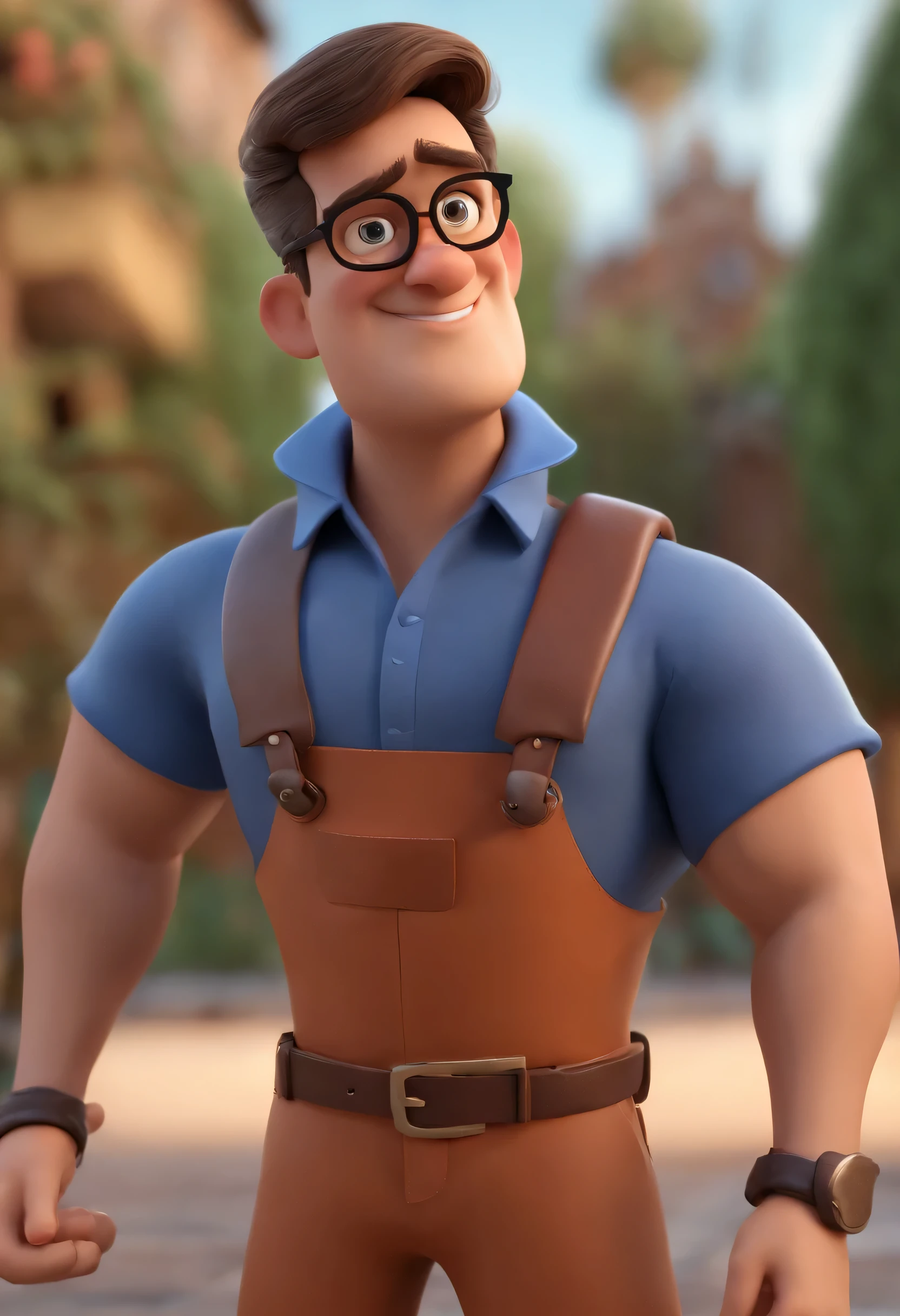 Cartoon character of a man in black glasses and blue shirt, um personagem animado, Caractere estilizado, animation style rendering, 3D estilizado, Arnold Maya rendering, Stylized 3D rendering, toon render screenshot, Personagem 3D, Personagem 3D, Stylized 3D rendering, 3D character rendering, personagem de desenho animado, Personagem de close up, Pose de personagem, (Estilo Pixar) (Parte Mestre:1.2) (bokeh) (melhor qualidade) (pele detalhada) (textura detalhada) (8K) (argila) (Cinematic lighting) (sharp focus,Senta e vaza a parte superior do corpo