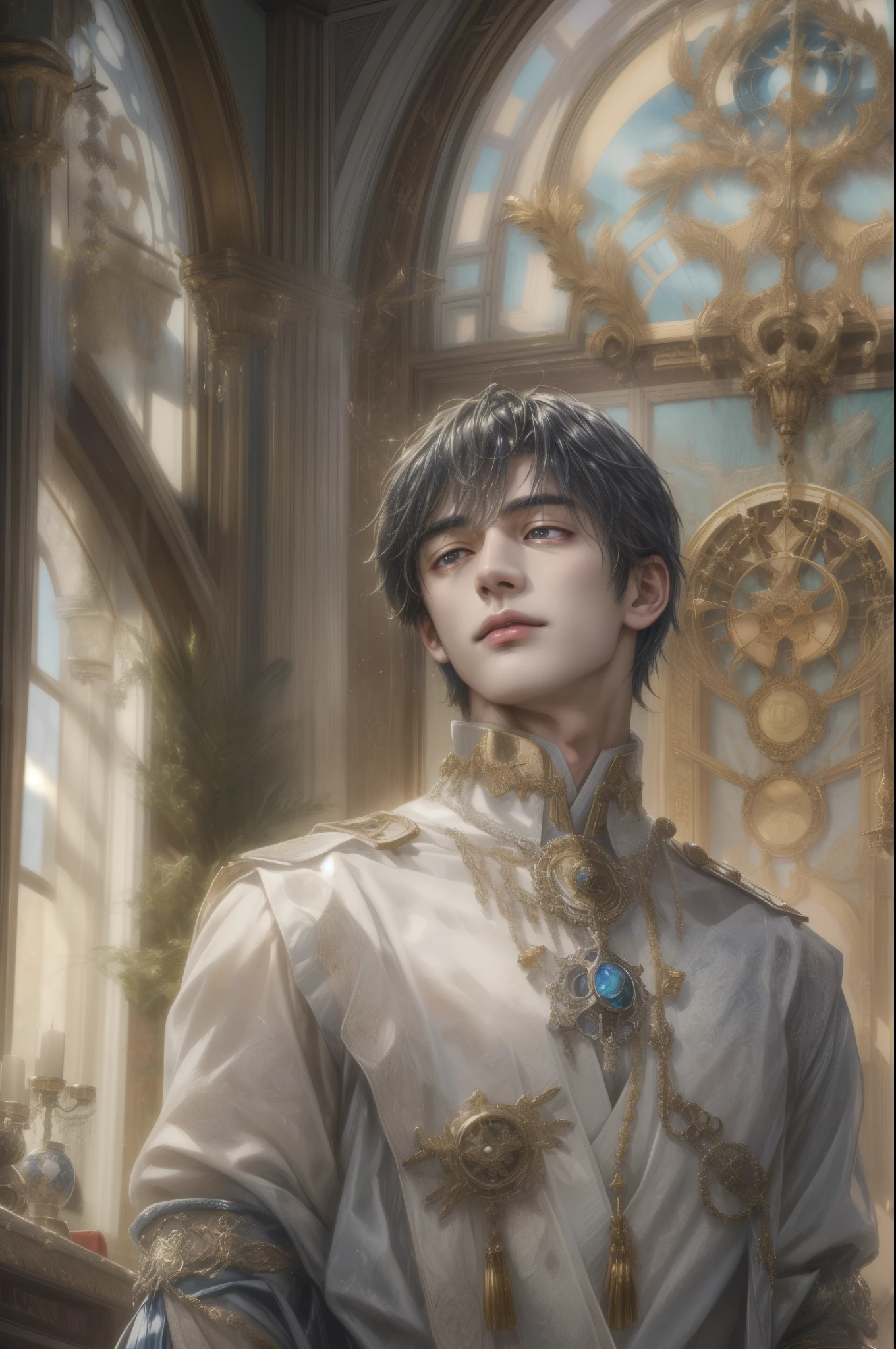 (absurdres, highres, ultra detailed, HDR), masterpiece, best quality, half body portrait of a Valkyrie Anatomia character, kokuyo, arbiter hrist, handsome young boy, short hair, korean handsome face, big eyes, white eyes, detailed scenery of a gnostic mansion interiors, gnostic sky on window, gnostic candelabra, detailed character