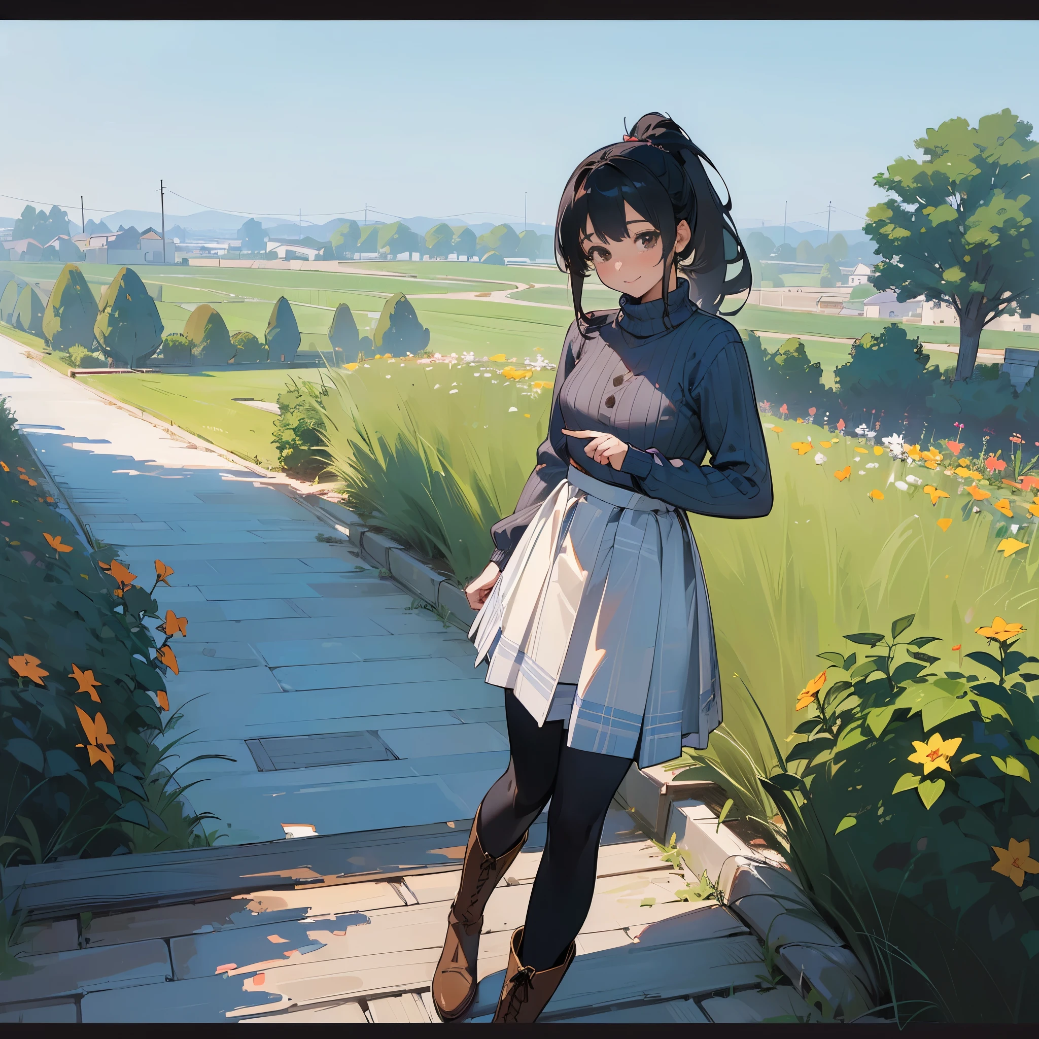 (high quality, high resolution, Super detailed, Reality:1.37), peaceful atmosphere, (outdoor, garden), teenage girl standing alone, (big chest.), beautiful detailed features, cute smile, (black hair ponytail), ribbed sweater, blue plaid skirt, black tights, brown boots.