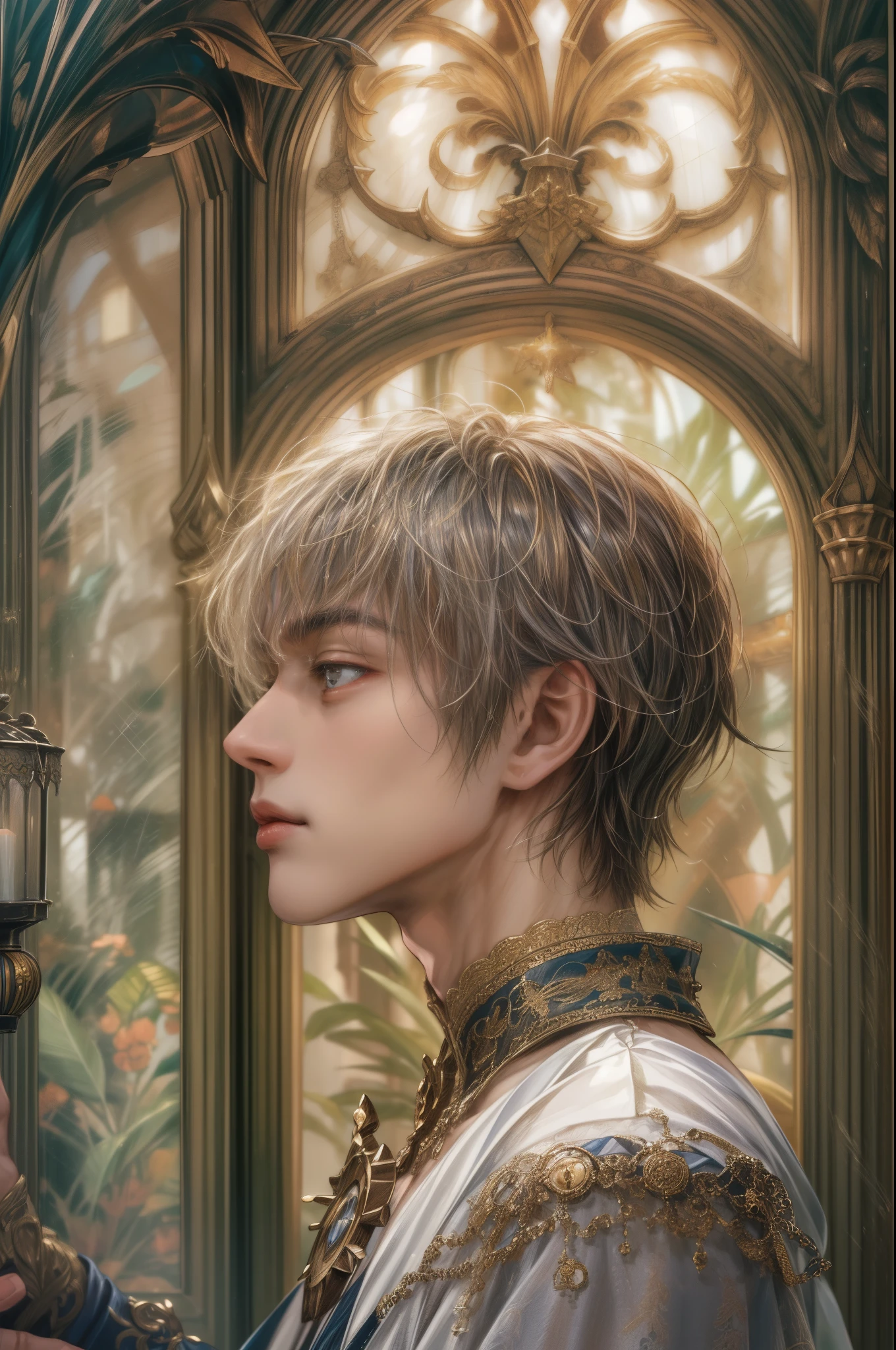 (absurdres, highres, ultra detailed, HDR), masterpiece, best quality, half body portrait of a Valkyrie Anatomia character, kokuyo, arbiter hrist, handsome young boy, short hair, korean handsome face, big eyes, white eyes, detailed scenery of a gnostic mansion interiors, gnostic sky on window, gnostic candelabra, detailed character