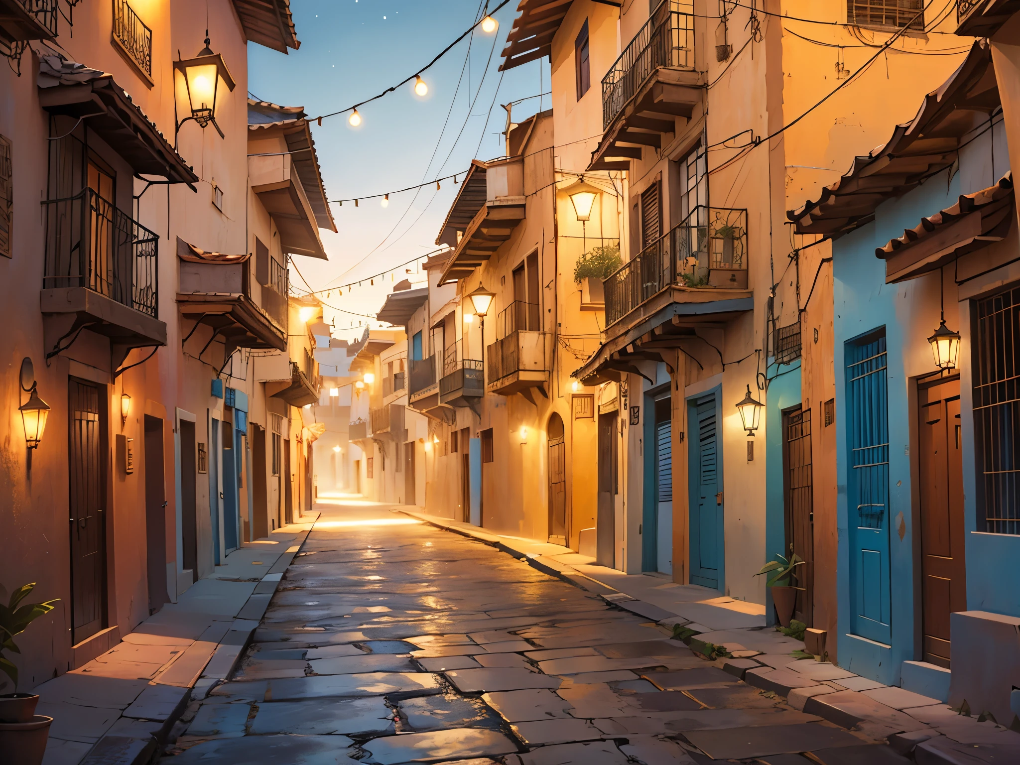 es de noche una noche en un hermoso barrio de una ciudad de fantasia antigua egipcia hermoso barrio arabe o egipcio esta solitario es de noche se ben palacios arabes y piramides en el fondo
