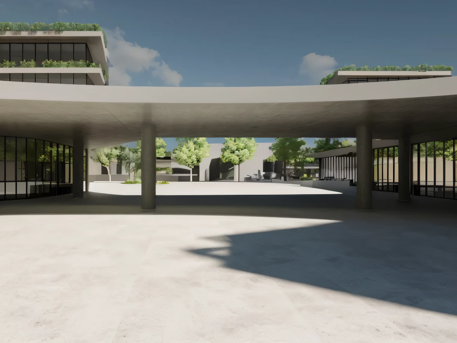 there is a large open space with many windows, View at ground level, View at ground level, View at ground level, architectural rendering, architectural rendering, view from ground level, architectural visualization, detail rendering, architectural visualization, wide enquadramento de cena, luminous rendering, Perspective view, conceptual rendering, enquadramento de cena, renderizar coroa, detailed rendering, complex 3 d render