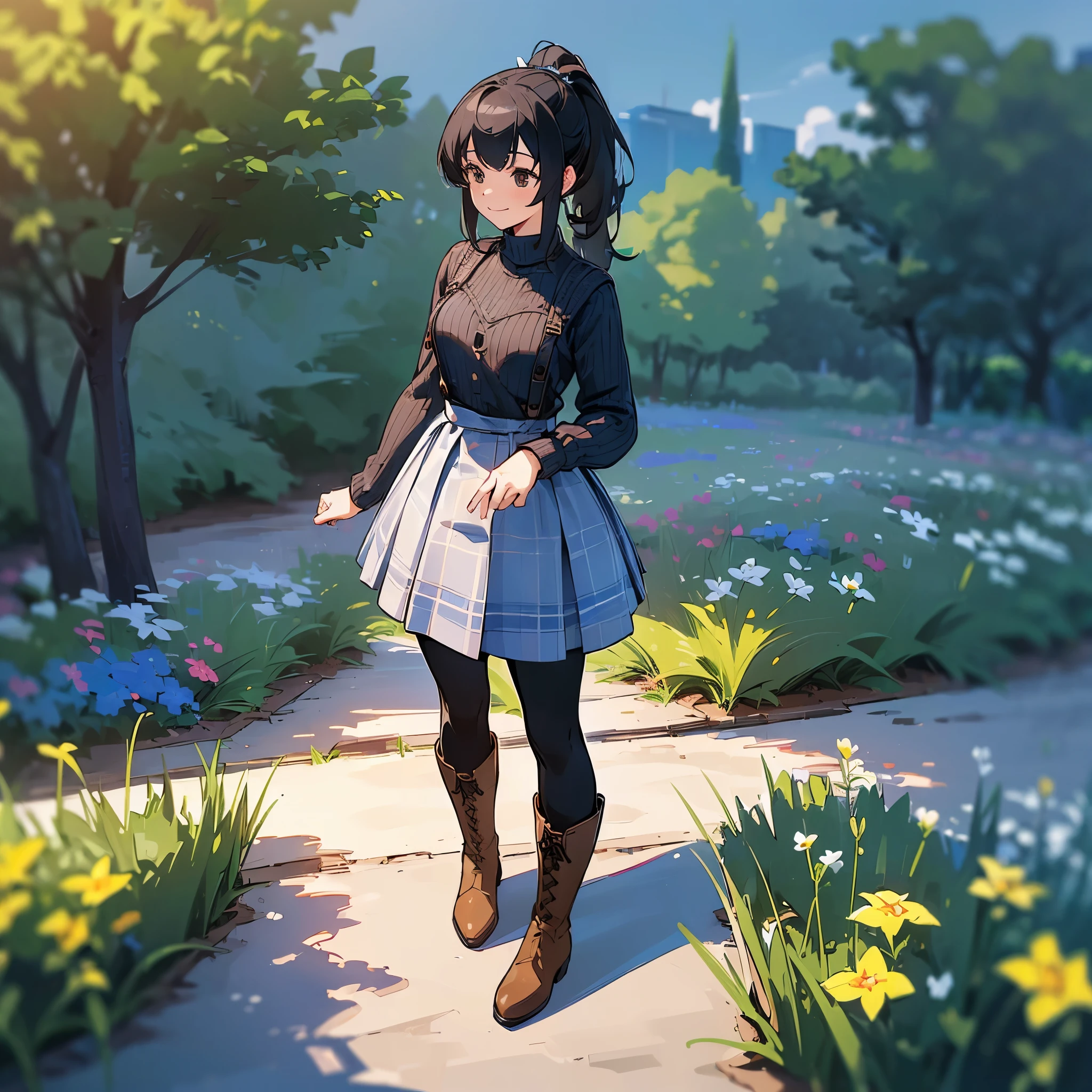 (high quality, high resolution, Super detailed, Reality:1.37), peaceful atmosphere, (outdoor, garden), girl standing alone, (big chest.), beautiful detailed features, cute smile, (black hair ponytail), ribbed sweater, blue plaid skirt, black tights, brown boots.