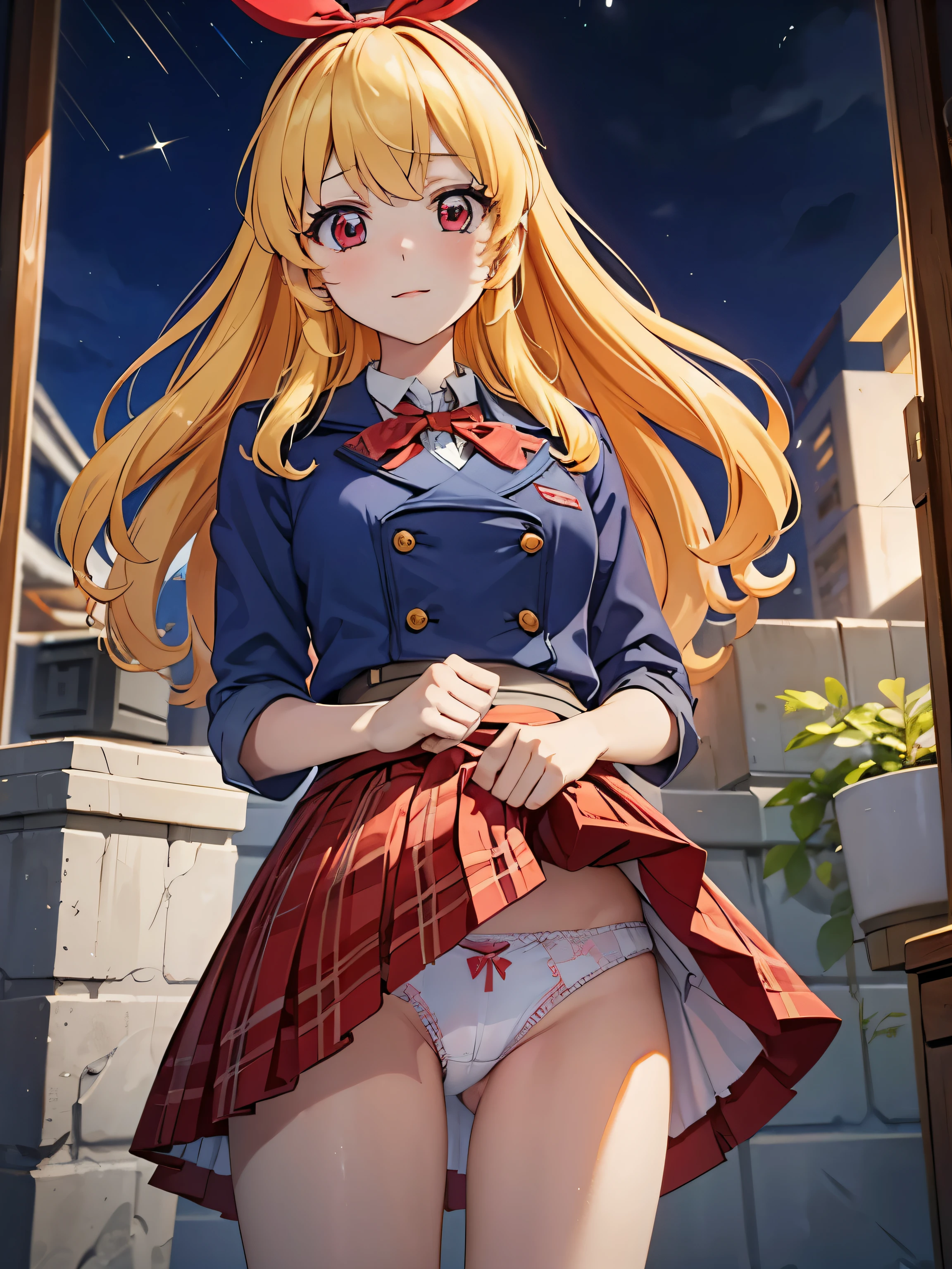 aikatsu,blonde_hair,red_hair_band,(masterpiece:1.2, highest quality), Super detailed illustrations, perfect anatomy, (skirt lift:1.5), ((grab skirt:1.3)),((panties)), alone, 1 female, big_chest, (顔全体をred面させる), embarrassing, カウボーイshot, (toilet:1.2),(toilet bowl:1.3), dirty, (night:1.5),(dark background:1.1), school uniform, very fine hands, panties_shot, ((Emphasize white_panties:1.5)), lift the skirt:1.6, place both hands in front of your stomach,
