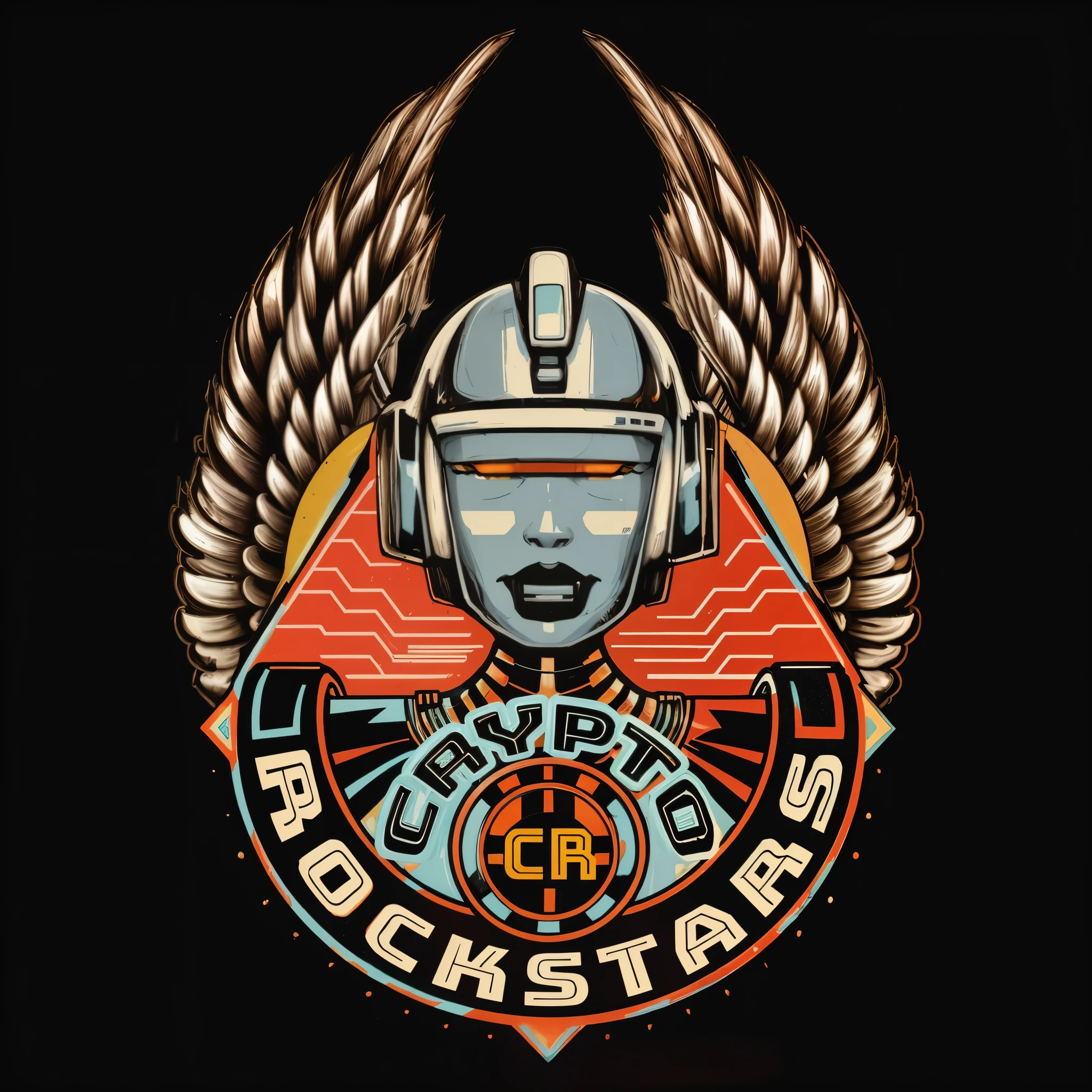 Close-up of a helmet with wings on a black background, cryptopunk with pit vipers, Offizielles Kunstwerk, Logo-Kunst, offizielles Plakatkunstwerk, Heavy-Metal-Kunststil, Heavy-Metal-T-Shirt-Design, von Wayne Reynolds, Werbekunstwerk, Vollfarbige digitale Illustration, Stil von hydro74, cryptopunk, Stilisiertes Cyberpunk-Minotaurus-Logo, 70er-Jahre-Progressive-Rock-Logo