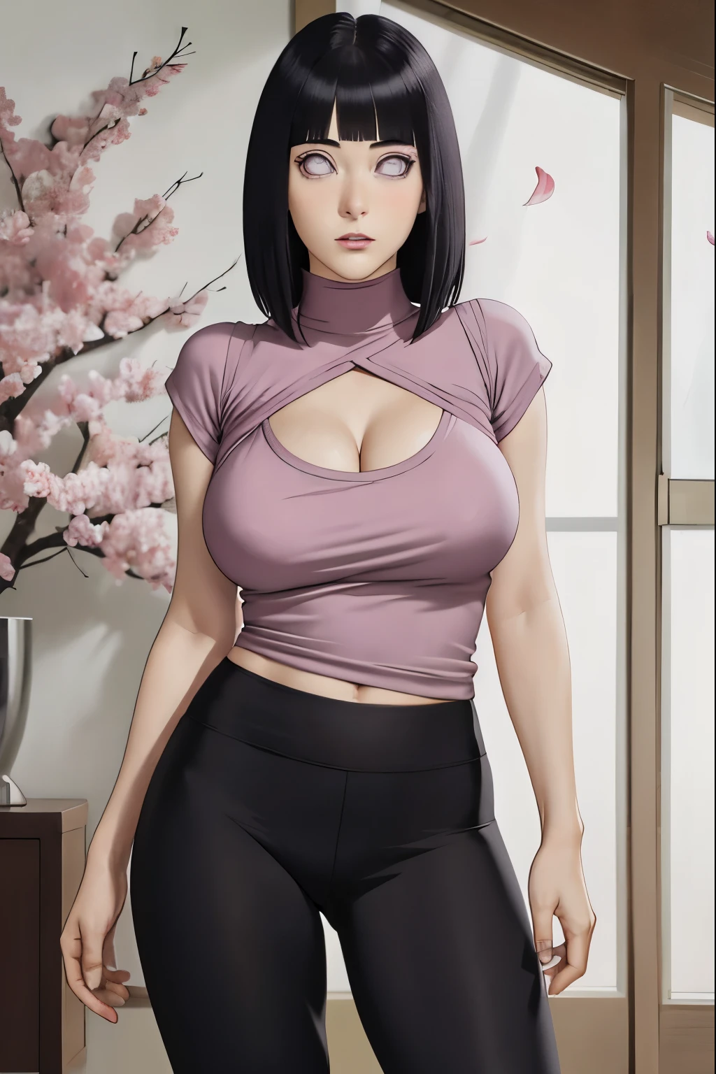 masterpiece, absurdres, hinata\(boruto\), 1girl, solo,mature female, tight t-shirt square neck, cleavage, legging, yoga pants, looking at viewer, (falling petals), perfect composition, detailed lips, big breast, beautiful face, body propotion, blush, (pink lips), long hair,  purple eyes,  soft gaze,  super realistic, detailed, photoshoot, realistic face and body,