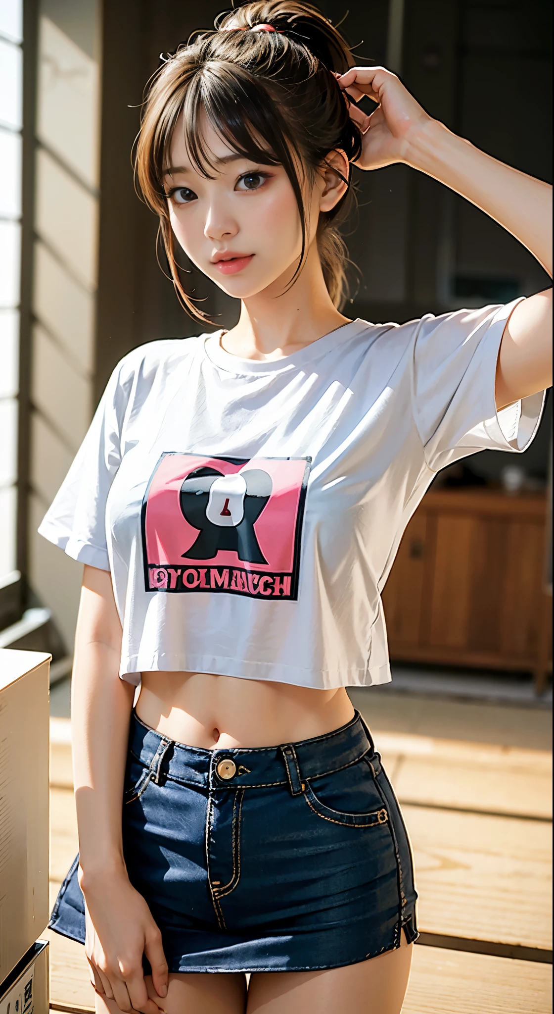 白いシャツとデニムmini skirtを着たアラッフェのアジア人女性, Crouch down and look from the front、mini skirtで股を開きパンティを見せている、タイトなmini skirt、Asuka Langley with ponytail、Realistic anime 3d style, korean girl, mini skirt、wears tight and simple clothes,mini skirt、 casual clothesを着ている, realistic!!!!!!! art style, 超mini skirt、tight shirt, wearing tight shirt,mini skirt、 Arab Asian woman with gorgeous long hair and white shirt, デニムのmini skirt、超mini skirt、デニムのmini skirt、カジュアルなmini skirt服装, casual clothes, wearing a crop top, up to the model | art germ, Trending on cgstation, real anime girl, wearing tight shirt, Realistic anime 3d style, range murata and art germ, tight shirt, trending on cgstation, casual pose, attractive anime girl, realisticアニメの女の子のレンダリング, anime thai girl