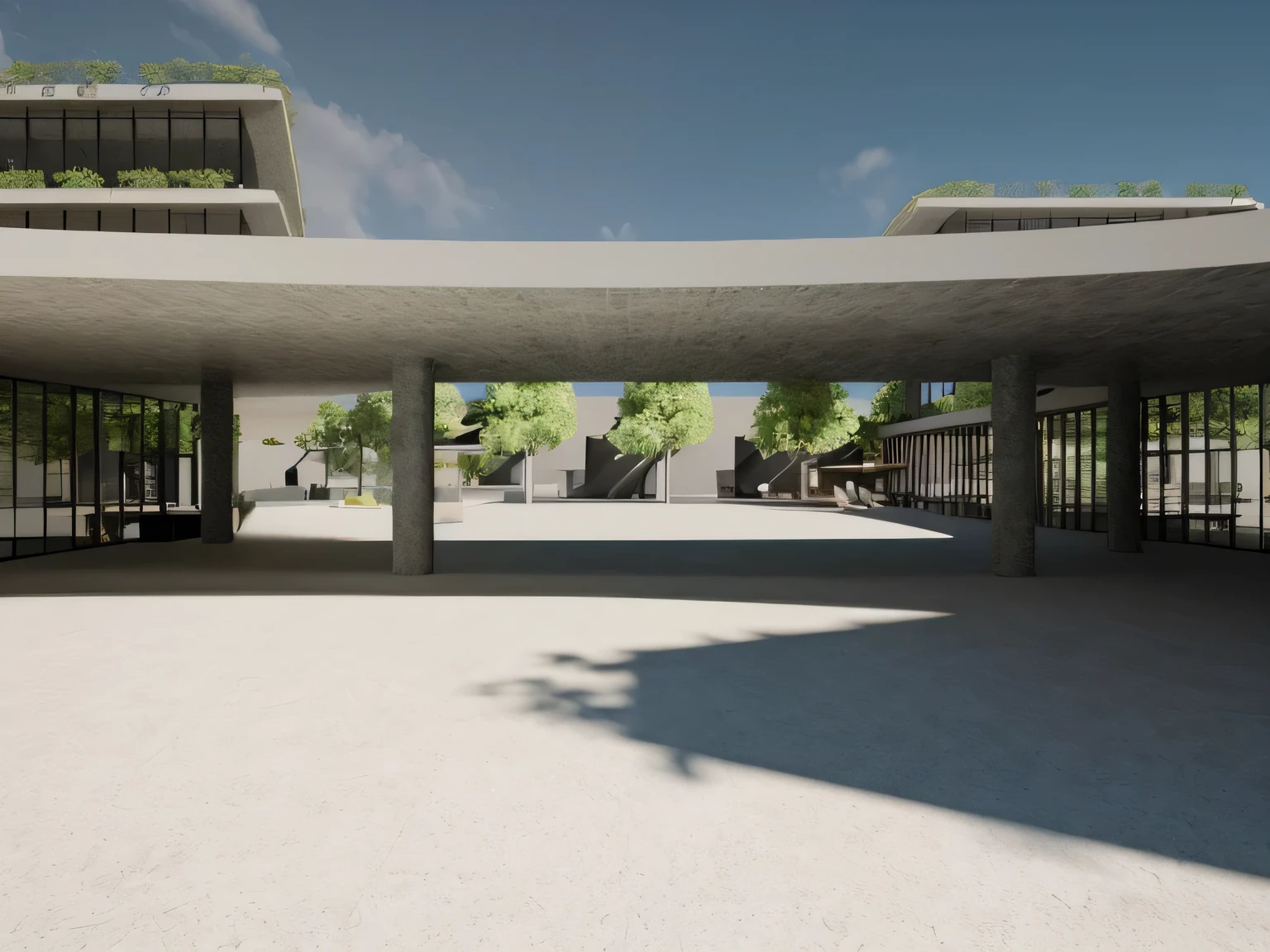 there is a large open space with many windows, View at ground level, View at ground level, View at ground level, architectural rendering, architectural rendering, view from ground level, architectural visualization, detail rendering, architectural visualization, wide enquadramento de cena, luminous rendering, Perspective view, conceptual rendering, enquadramento de cena, renderizar coroa, detailed rendering, complex 3 d render