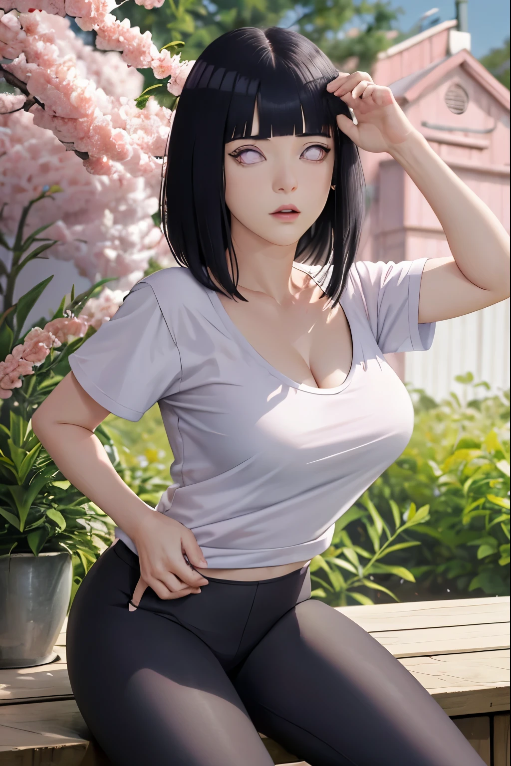 master part, high quality, detailed face, full body, 1girl, solo, nude, hinata hyuuga, short hair, nude shoulders, large breasts, dark lips, standing,