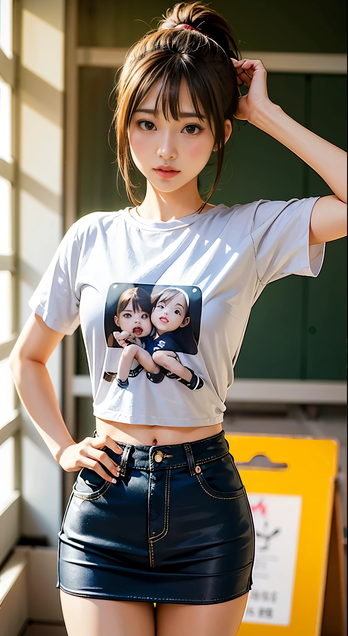 Two,25-year-old little beauty,small heads)Wear a white T-shirt printed with a translucent pattern,denim short,Full body photo,Close-up shot,messy hair style,蝴蝶结🎀背景大街,Classroom,Standing and posing,Slim figure,Small lips,mature