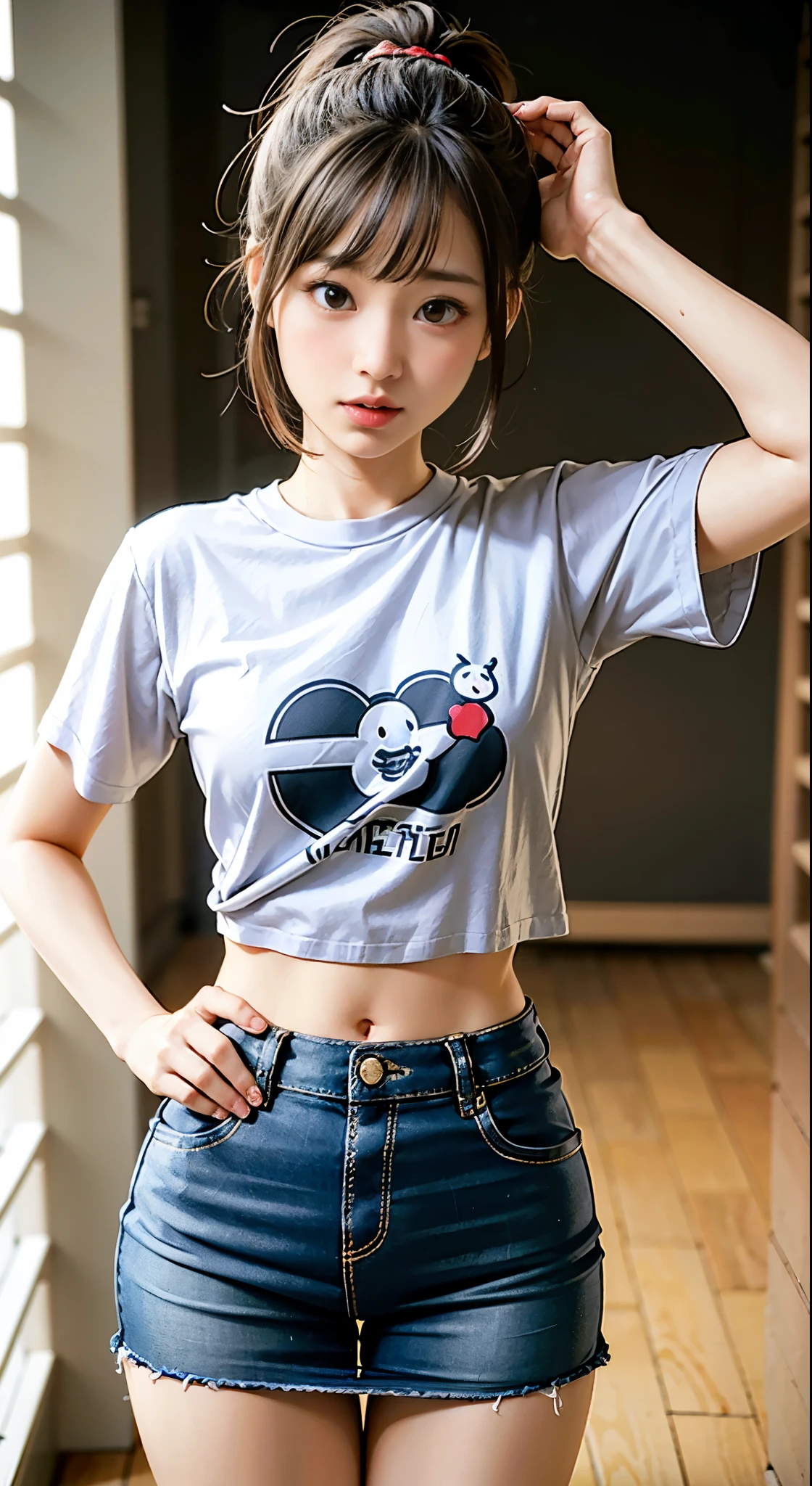白いシャツとデニムmini skirtを着たアラッフェのアジア人女性, Crouch down and look from the front、mini skirtで股を開きパンティを見せている、タイトなmini skirt、Asuka Langley with ponytail、Realistic anime 3d style, korean girl, mini skirt、wears tight and simple clothes,mini skirt、 casual clothesを着ている, realistic!!!!!!! art style, 超mini skirt、tight shirt, wearing tight shirt,mini skirt、 Arab Asian woman with gorgeous long hair and white shirt, デニムのmini skirt、超mini skirt、デニムのmini skirt、カジュアルなmini skirt服装, casual clothes, wearing a crop top, up to the model | art germ, Trending on cgstation, real anime girl, wearing tight shirt, Realistic anime 3d style, range murata and art germ, tight shirt, trending on cgstation, casual pose, attractive anime girl, realisticアニメの女の子のレンダリング, anime thai girl