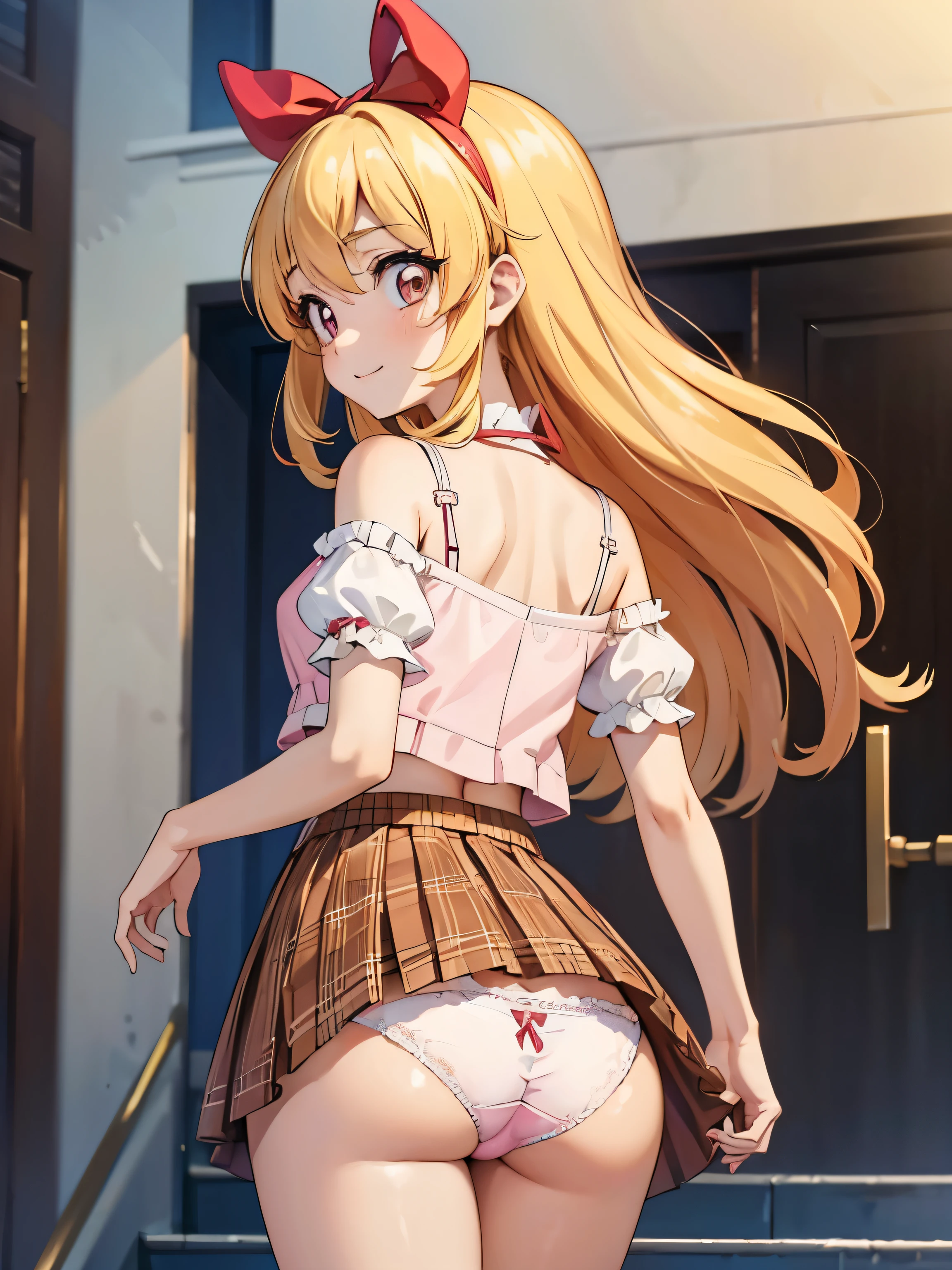 aikatsu,(brown eyes:1.5), blonde hair, long hair, (one side up:1.2),
BREAK Bare Shoulders, clavicle, pink shirt, puffy short sleeve, plump sleeves, red bow, shirt, short sleeve, skirt, white skirt, masterpiece:1.2)、highest quality、High resolution、Unity 8K 壁紙、(enlightenment:0.8)、(beautiful and fine eyes:1.6)、highly detailed face、perfect lighting、Detailed CG、 (perfect hands、perfect anatomy)、look at the audience、blush、laughter、stand on the escalator, (on the up escalator), (lower body shot), thigh focus, (Shooting from below 1.3), (Figure 1 seen from behind.3)、 (panties_Variety of_pattern:1.3)、(捲れ上がるskirt:1.3)、(fully exposed_panties:1.5),(your display_teeth:1.3)