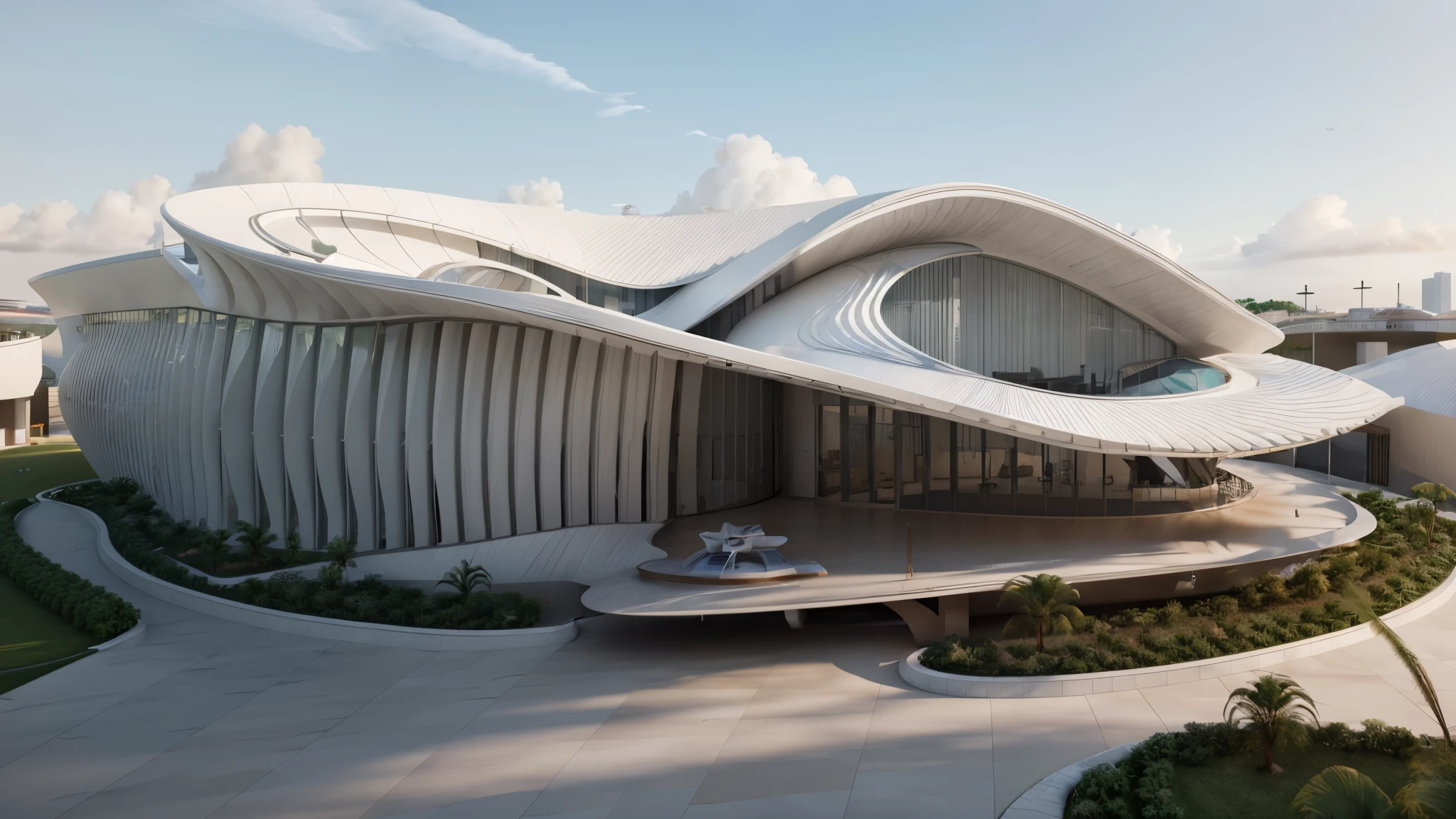 a close-up of a model building with a curved roof, detail rendering, Telhado arredondado, digital rendering, architectural rendering, architectural rendering, architectural concept, high detail rendering, detailed rendering, rendered illustration, conceptual rendering, 3D rendering view, pre-rendered, digital renderinging, desenho conceitual, inspirado em Zha Shibiao, no estilo do arquiteto zaha hadid