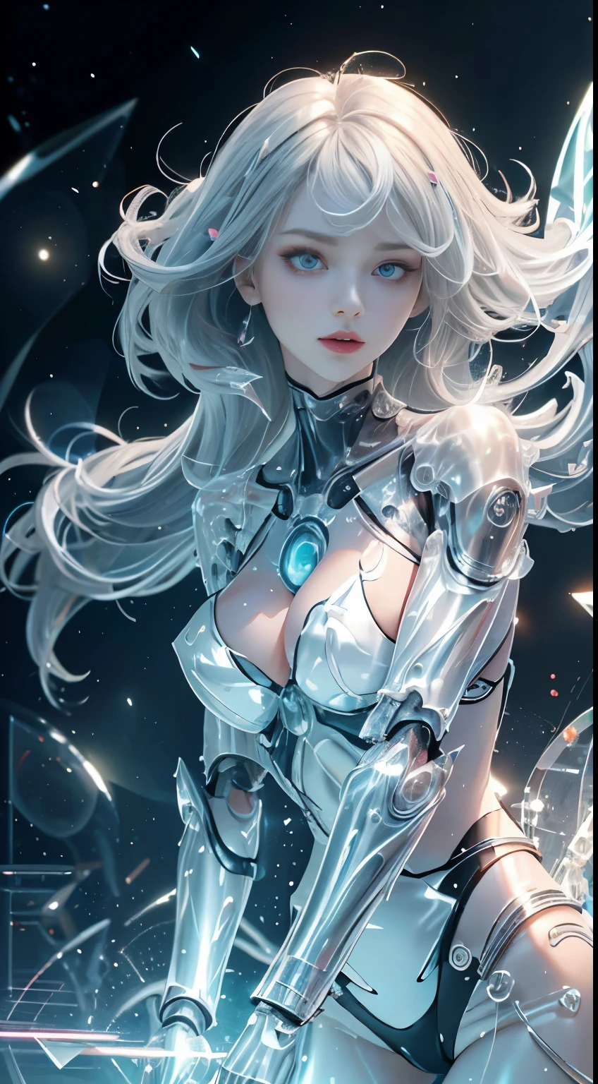 Translucent ethereal mechanical girl,Futuristic girl,Mechanical joints,futuristic urban background,ModelShoot style, (Extremely detailed Cg Unity 8K wallpaper), The beauty of abstract stylization,,surrealism, 8K, Super detail, Best quality, Award-Awarded, Anatomically correct, 16k, Super detail, (beautiful face and eye, double eyelid,delicate skin,cool beauty,tall girl ,slender body shape),big breast