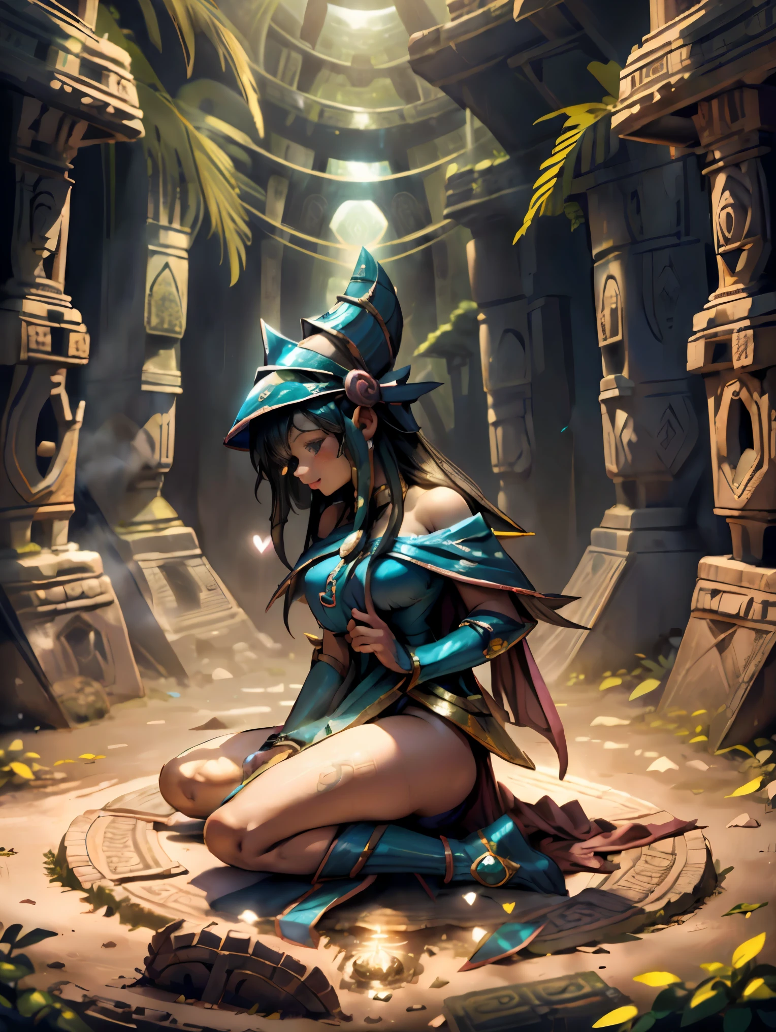 Dark magician gils vestida con traje maya, ella esta parada, Magic hearts background. Sonrisa en sus labios. Ojos celestes. Cabello rubio. Pose sensual. Levitando en una pie. Background of Mayan ruins and a magical stone portal  