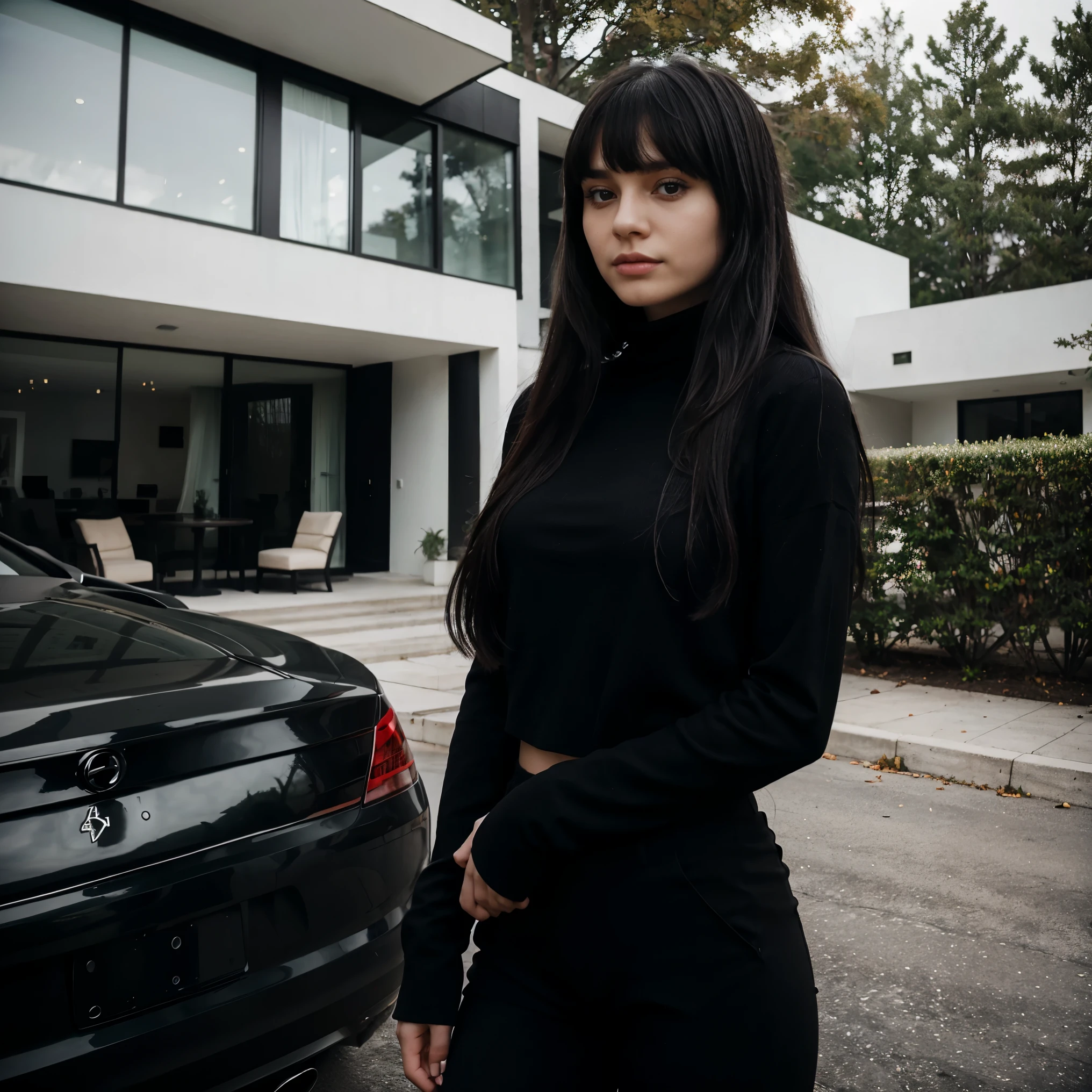 russian girl with black long hair with bangs wearing a black turtleneck, black pants with a big modern mansion in a neighborhood in Bel-Air background on a foggy day