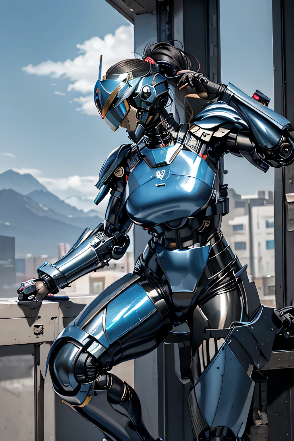 female robocop solo、Armor that completely covers the whole body、very large armor、helmet to hide eyes、rainbow armor、Armor that completely covers the chest、thin and long legs、Vibrant posel body view