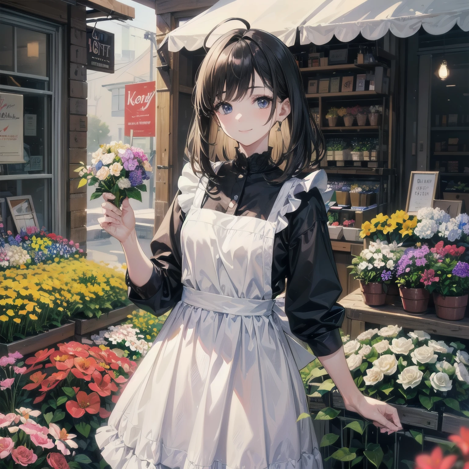 (8k, best quality, top quality:1.3), (HDR, High resolution, ultra realistic details:1.1), (Originality, fine illustration, masterpiece:1.2),
(pastel colors, watercolor),
((cheerful atmosphere)),
BREAK
(18 year old girl working at a flower shop:1.4), (kind expression, slightly sleepy face, smiling:1.3), (shining black hair, medium hair, ahoge hair:1.3), (watering flowers in front of flower store, long black hair and apron:1.3)
(highly detail face:1.2),
(kawaii), (bishoujo:1.2),
(shiny white skin, transparent skin:1.2),
(symmetrical eyes, highly beautiful detailed eyes:1.2), (big eyes:1.1),
(drooping eyes:1.2),
BREAK
(The florist is small but friendly:1.3),
(perfect fingers, perfect hands, perfect ???????), 
BREAK
((movie scene, cinematic)), (female focus:1.2), (depth of field:1.4), (background blur, bokeh:1.3),
